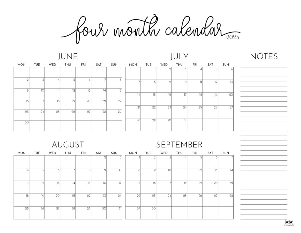 2025 Four Month Calendars 31 FREE Printables Printabulls