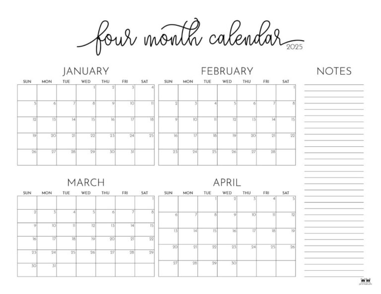 2025 Four Month Calendars 31 FREE Printables Printabulls
