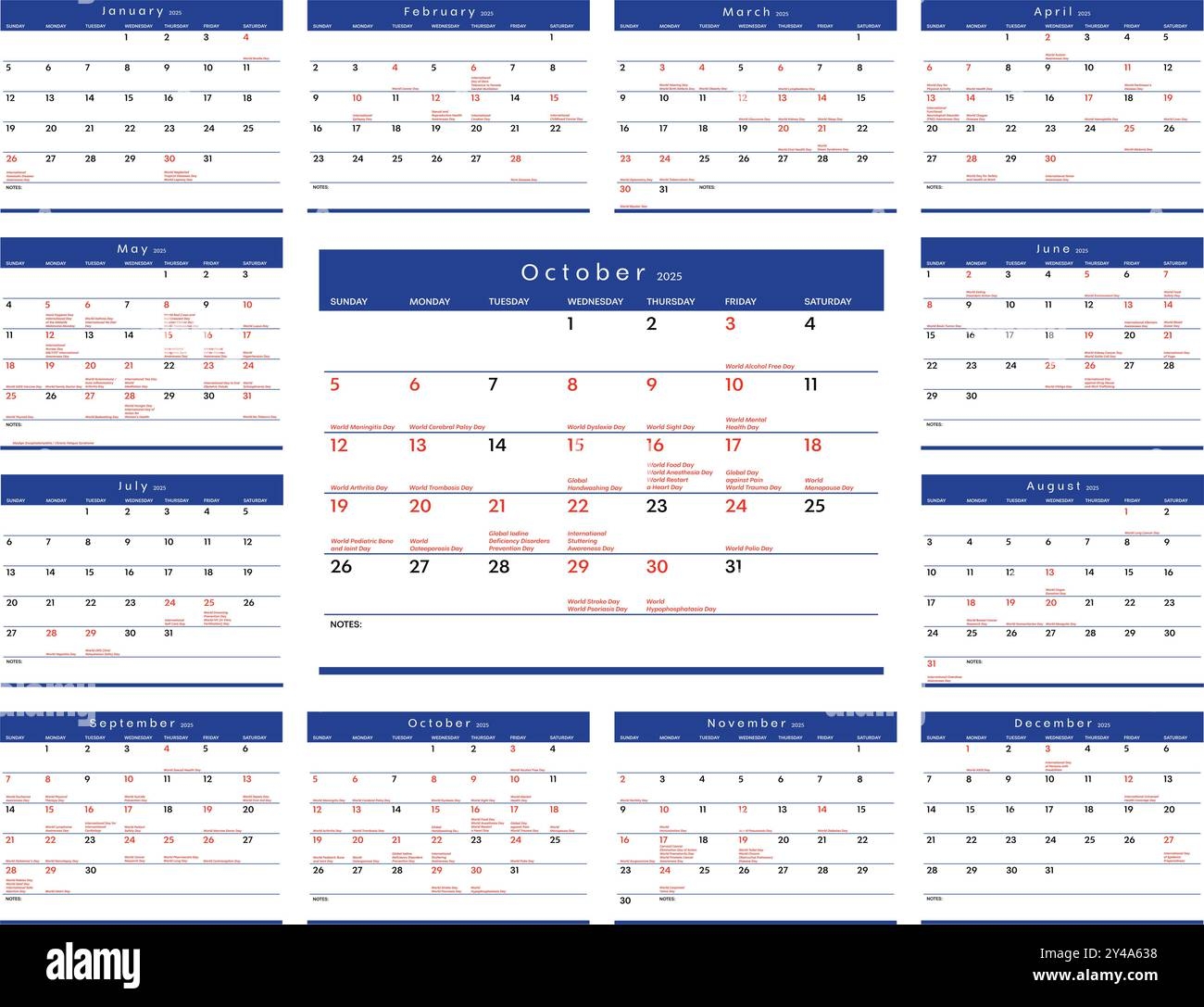 2025 Health Observances Calendar Includes 138 Global And International Health Awareness Days 12 Months Week Start Sunday Notes Section Vector Page Stock Vector Image Art Alamy