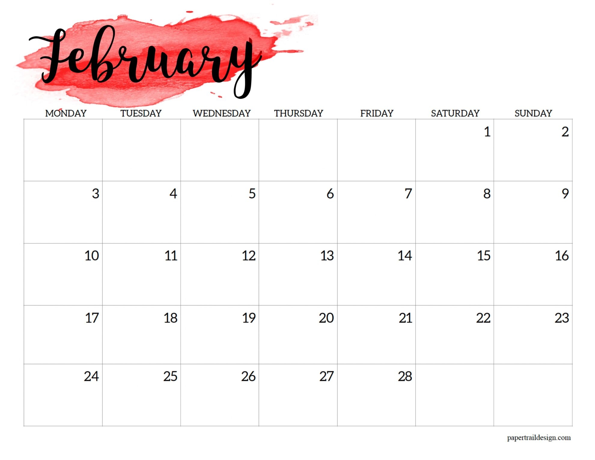 2025 Monday Start Calendar Printable Watercolor Paper Trail Design
