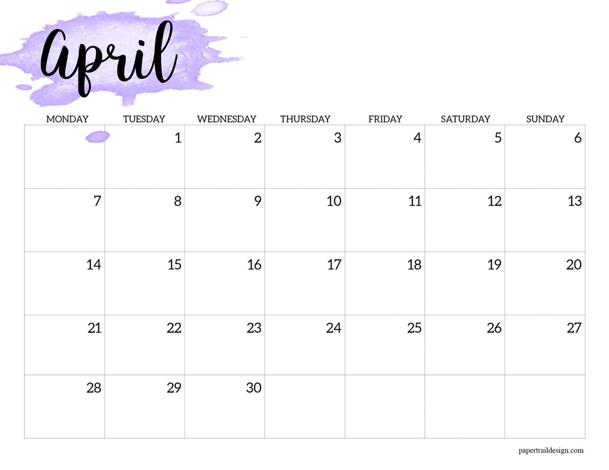 2025 Monday Start Calendar Printable Watercolor Paper Trail Design