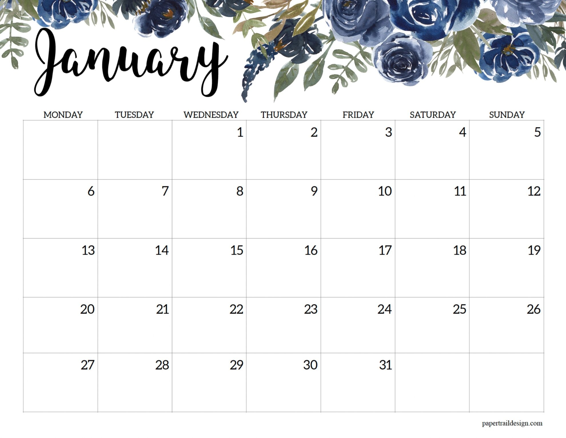 2025 Monday Start Floral Calendar Paper Trail Design