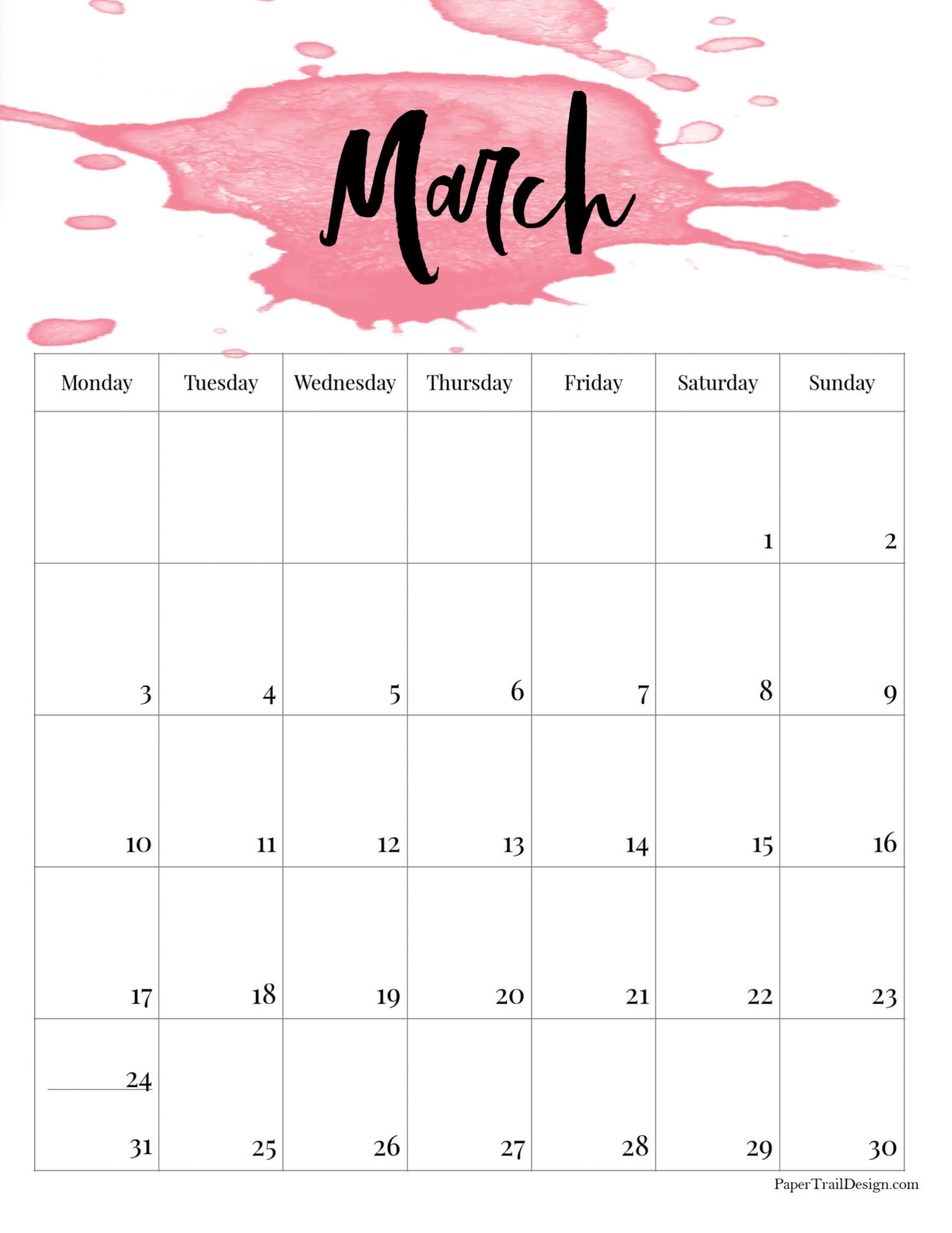 2025 Monday Start Watercolor Calendar Paper Trail Design