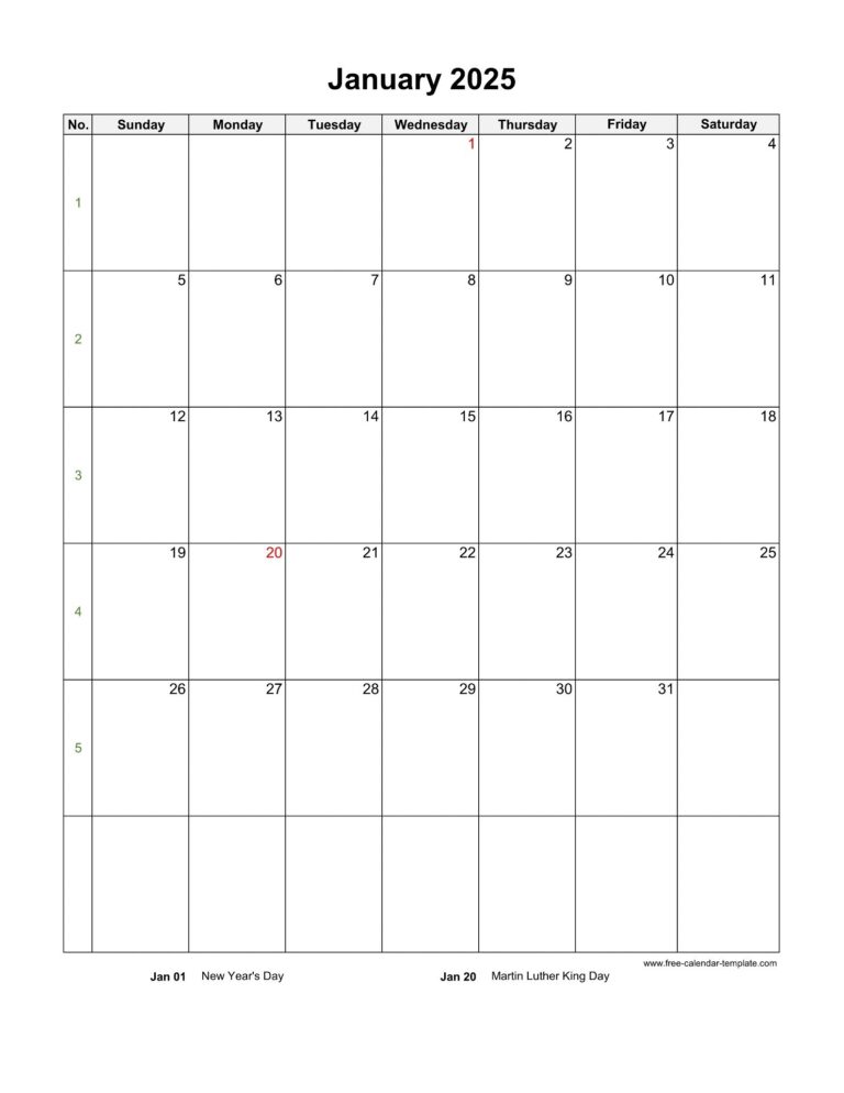 2025 Monthly Calendar Blank Vertical Template Free calendar template