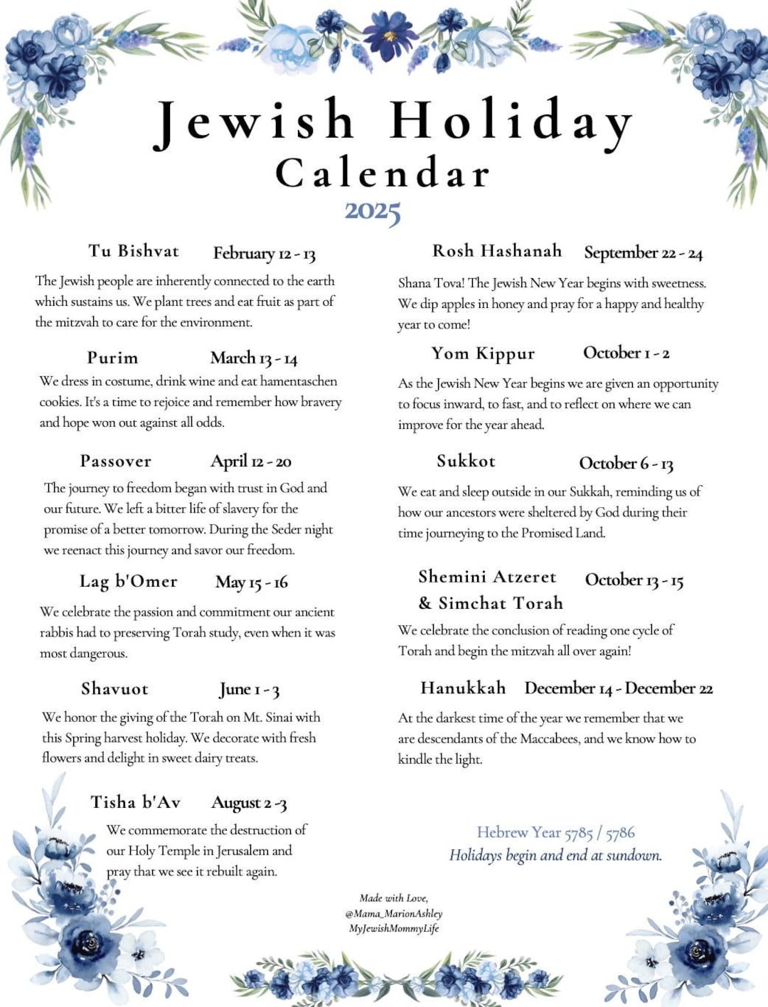 2025 Jewish Calendar with holidays