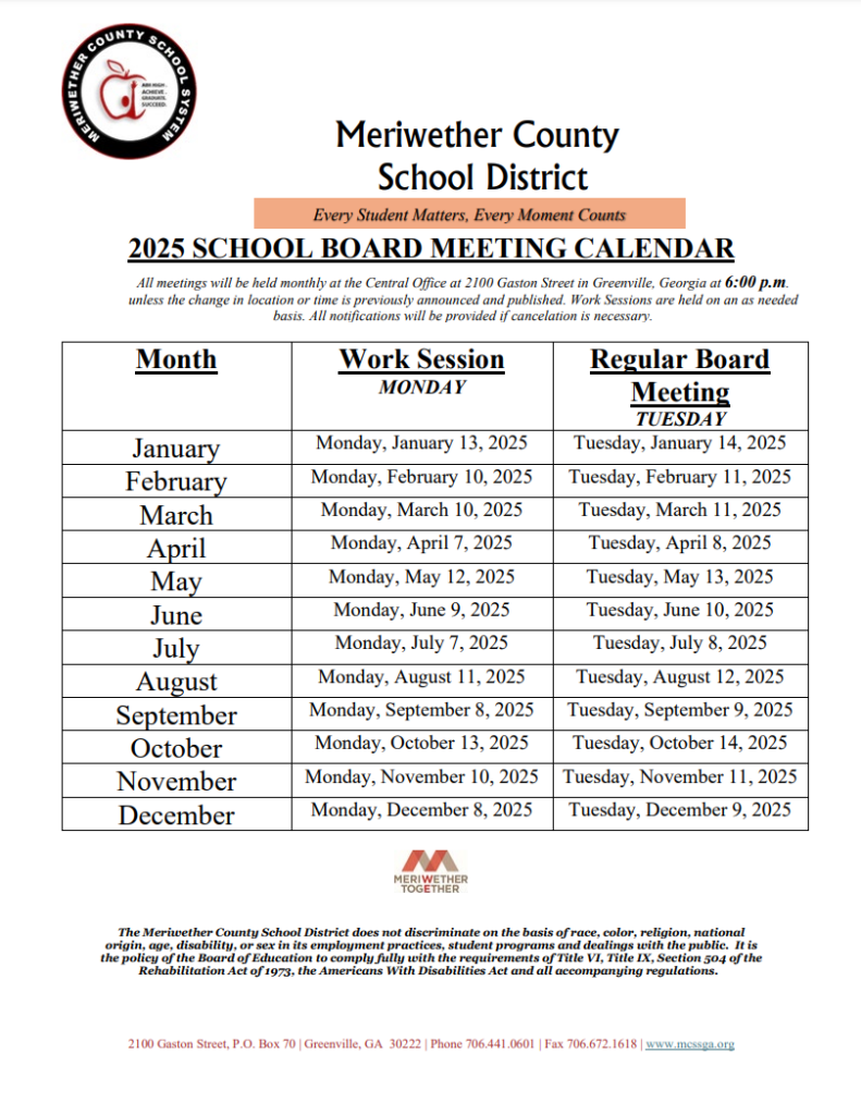 2025 School Board Calendar Meriwether County School System 2025 School Board Calendar Meriwether County School System