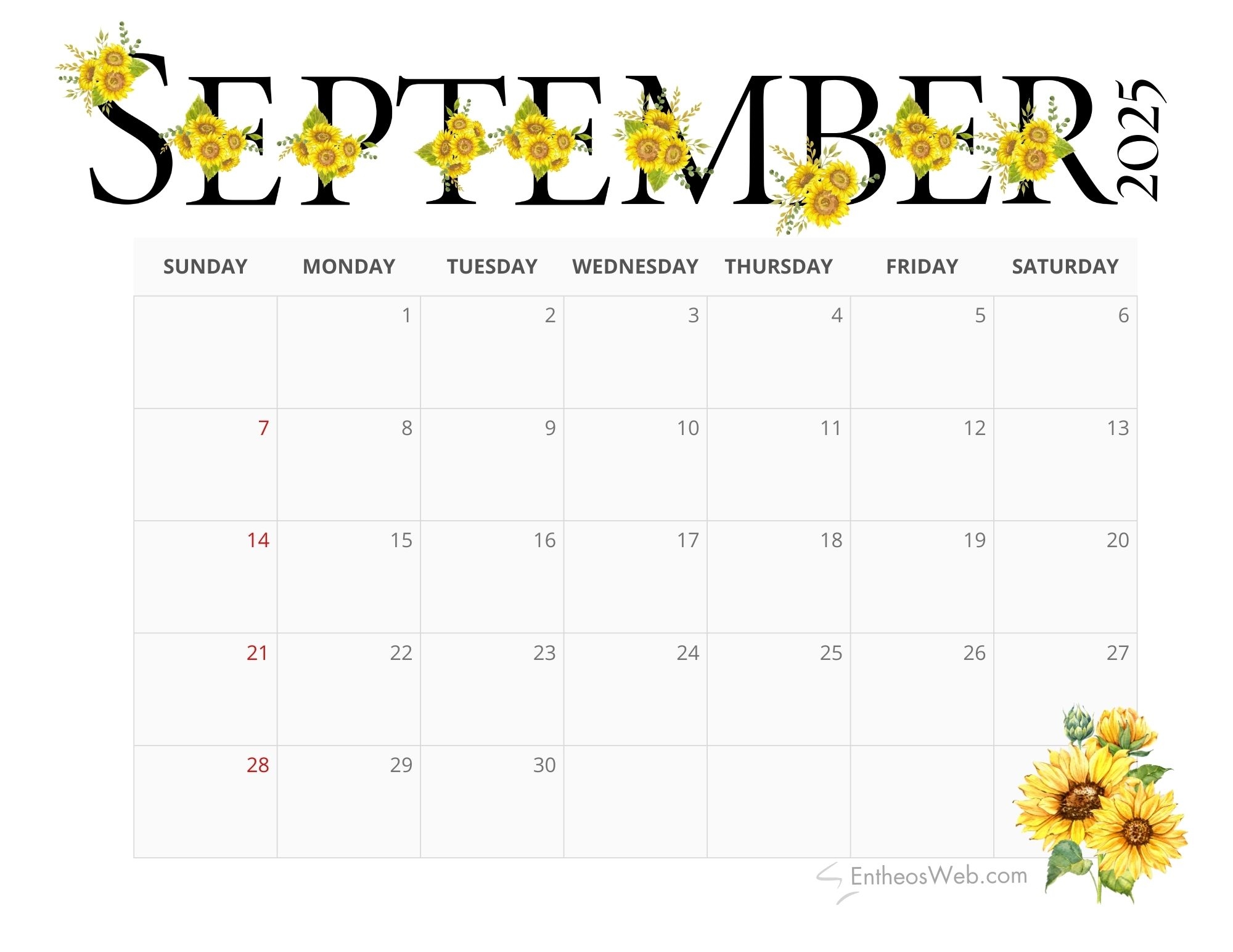 September 2025 Calendar Floral
