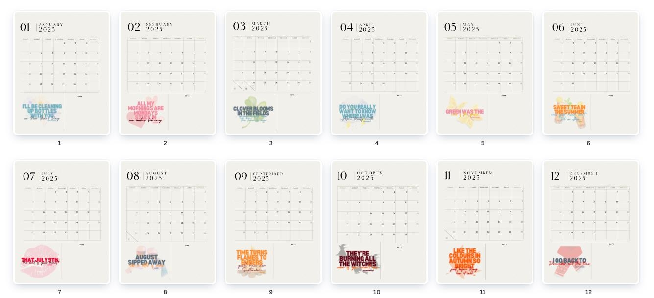 2025 Swiftie Calendar Printable Digital Download Printable Taylor Swift Quote Calendar 2025 Planner Swiftie Monthly Quote Desk Calendar Etsy