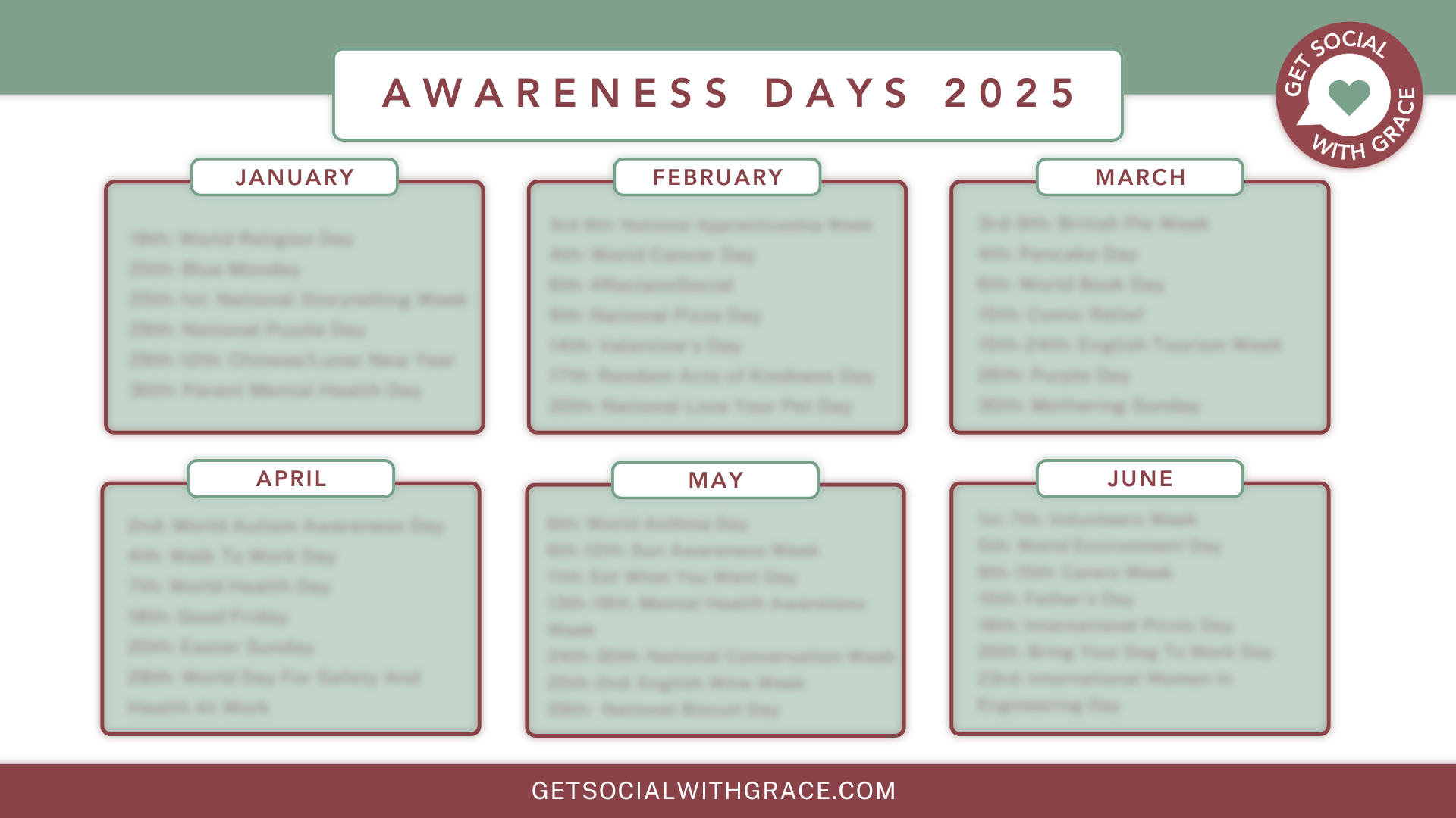 2025 UK Awareness Days Calendar Get Social With Grace