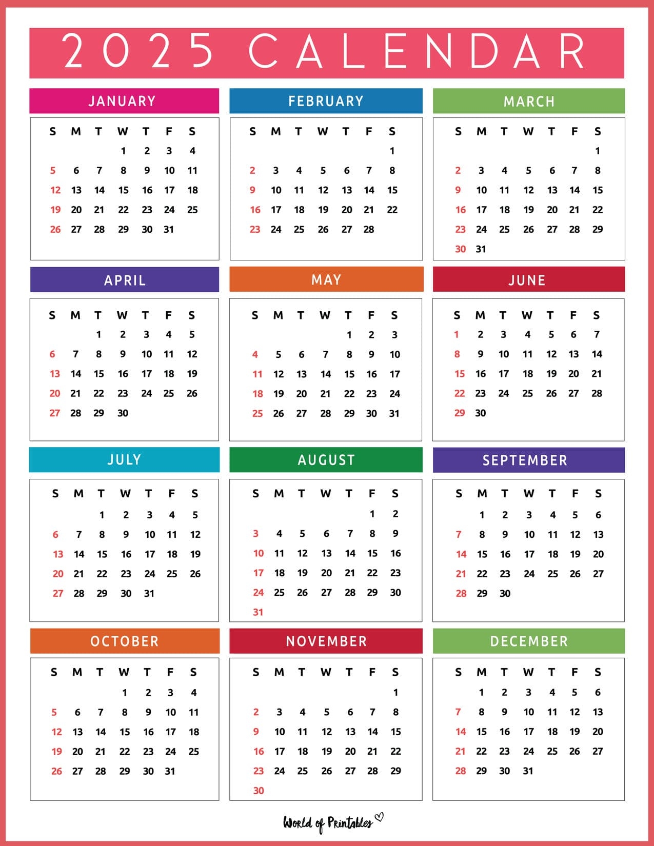 2025 calendar free printable one page
