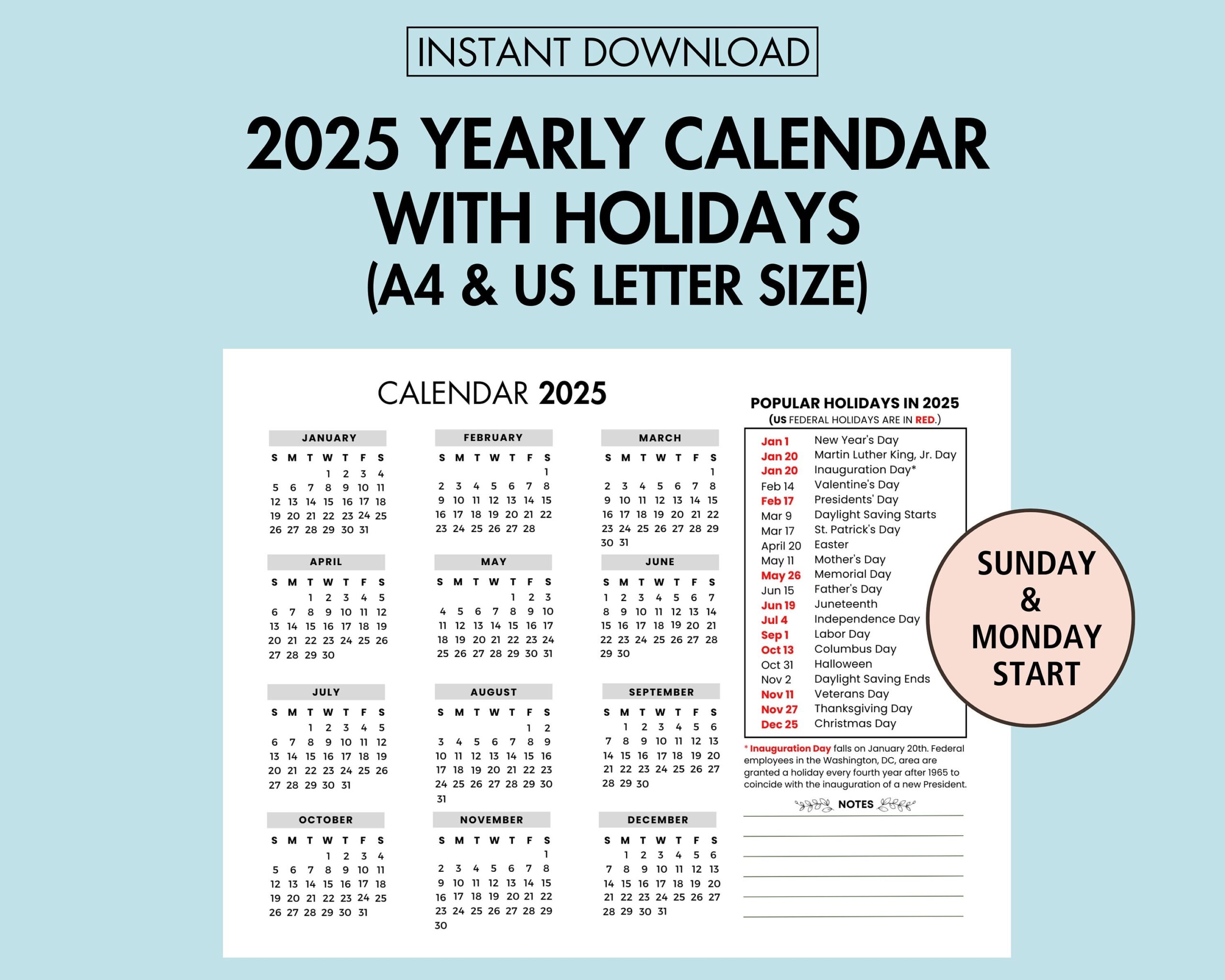 2025 calendar year with holidays