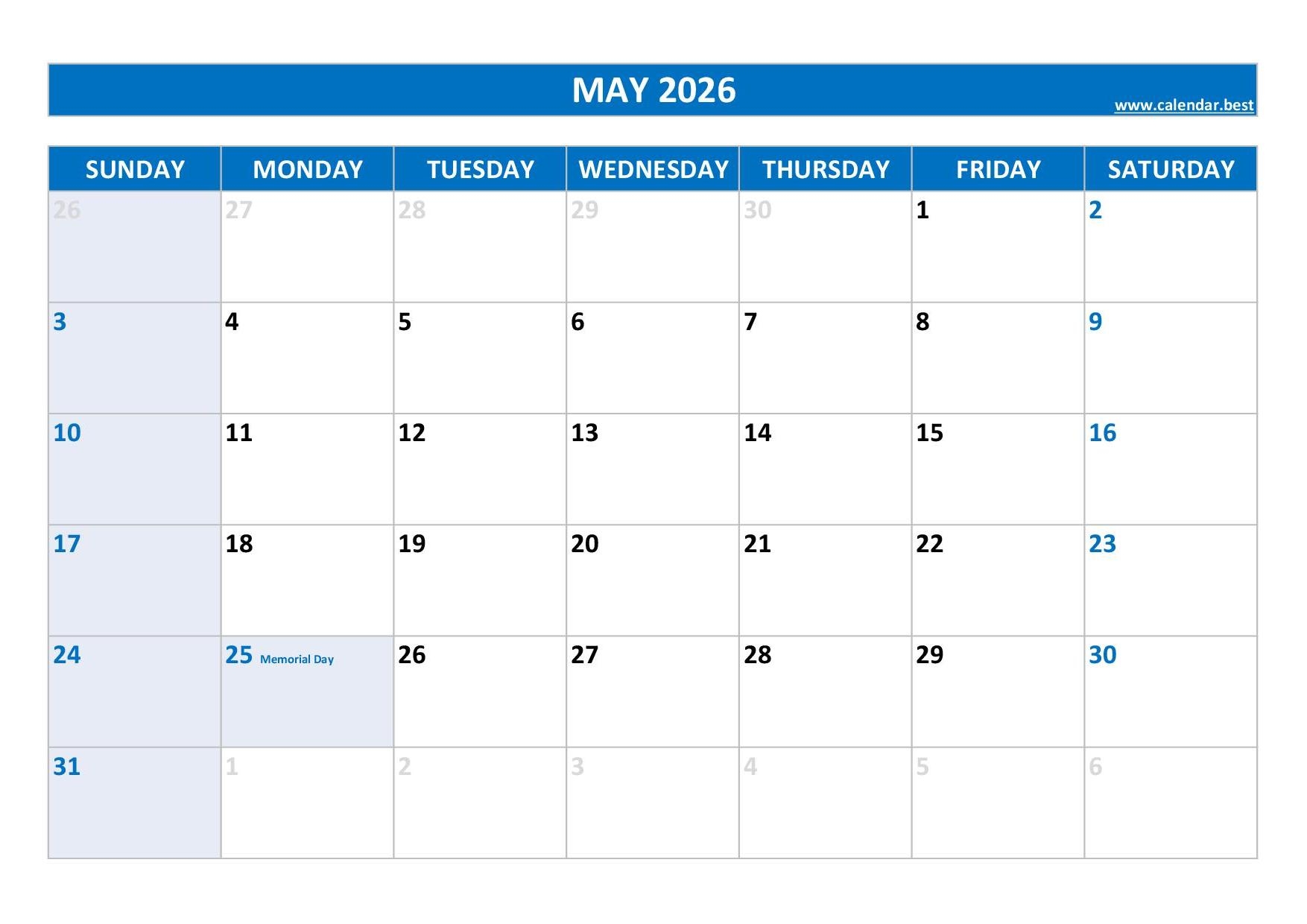 May 2026 Calendar with Holidays