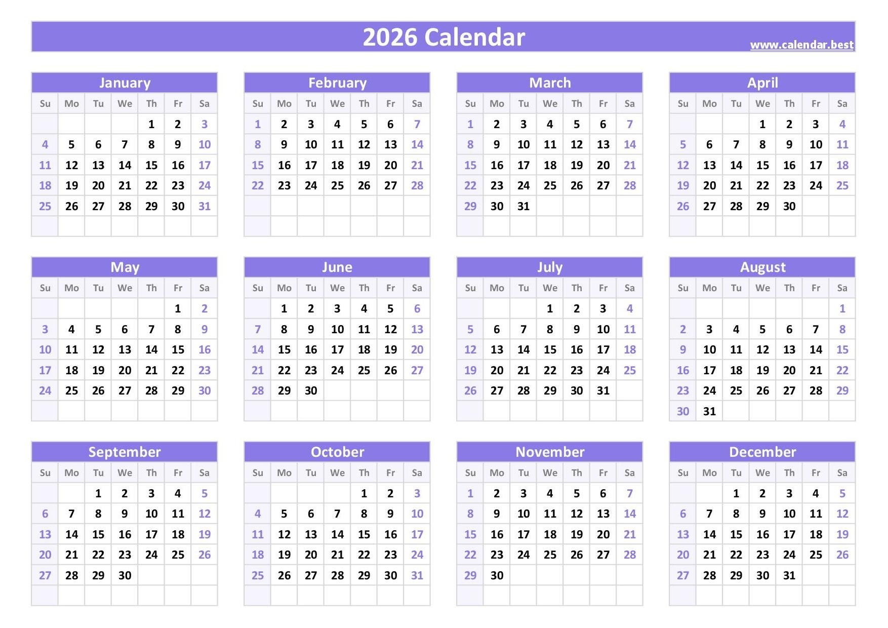 2026 calendar printable