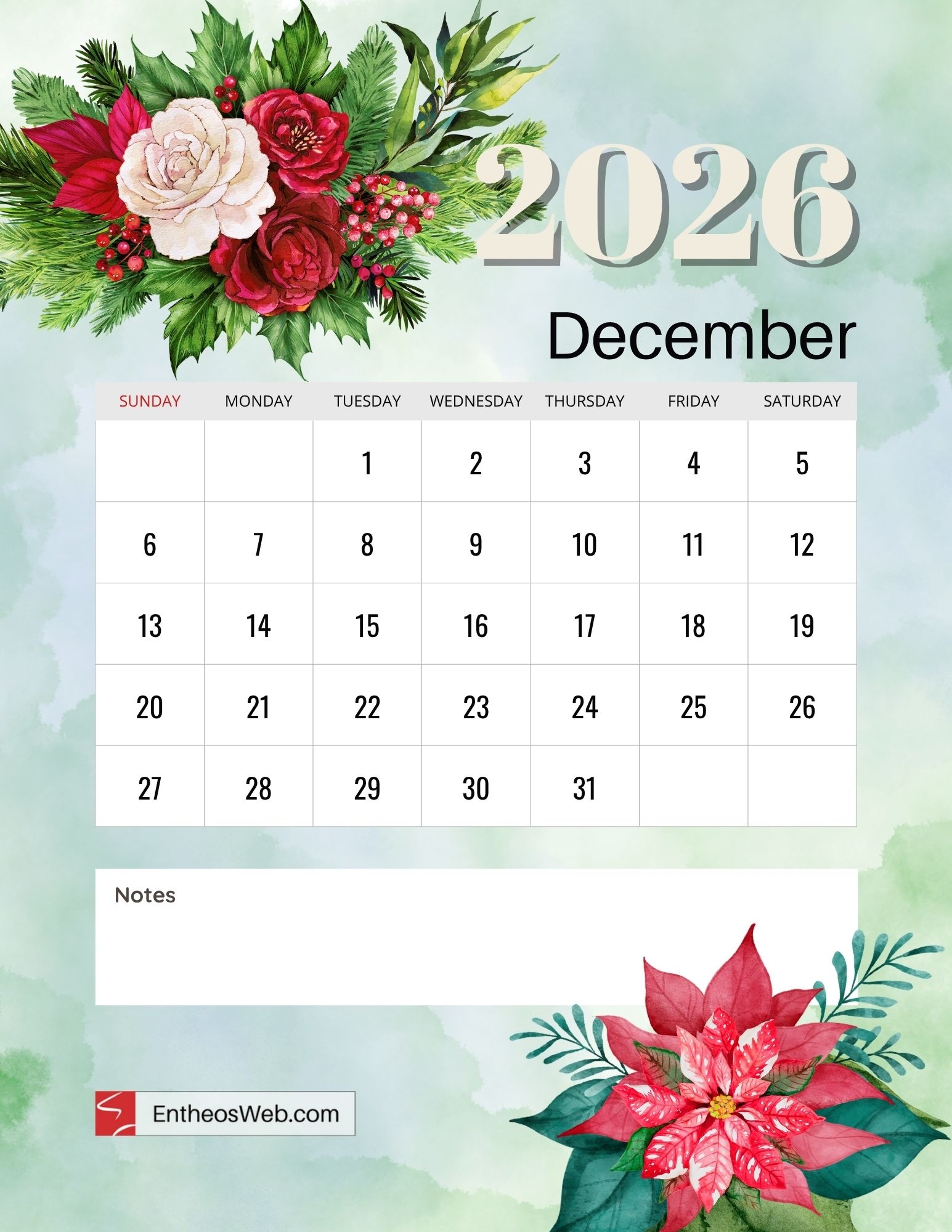 2026 Floral Month Calendar Printables EntheosWeb