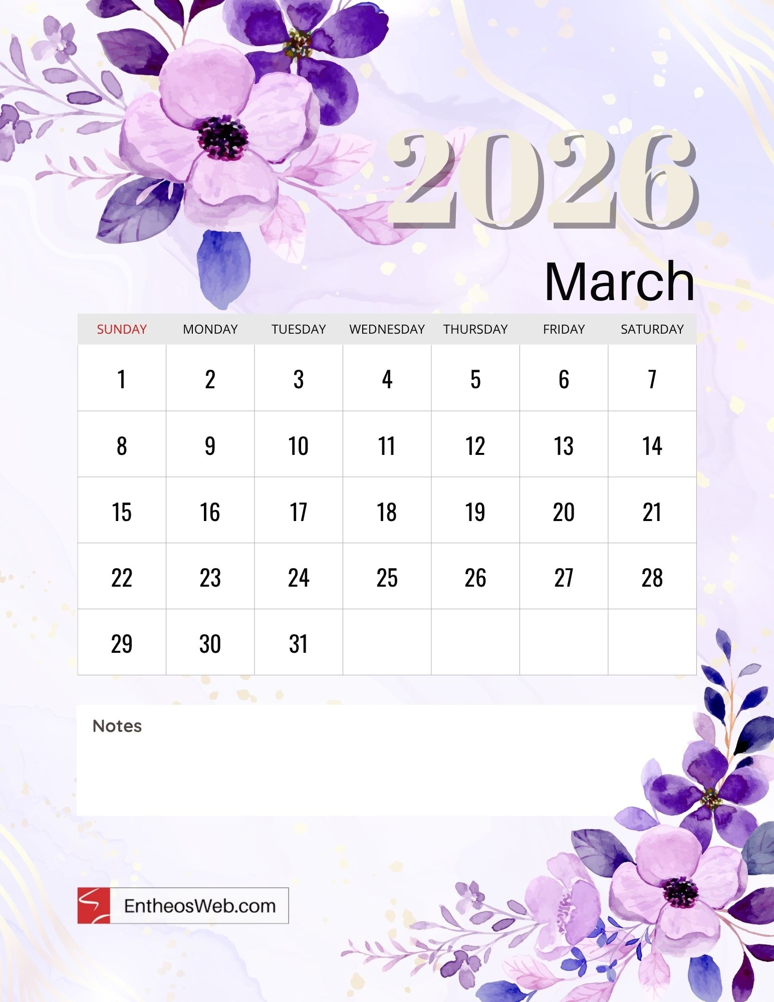 March 2026 Floral Calendar Printable