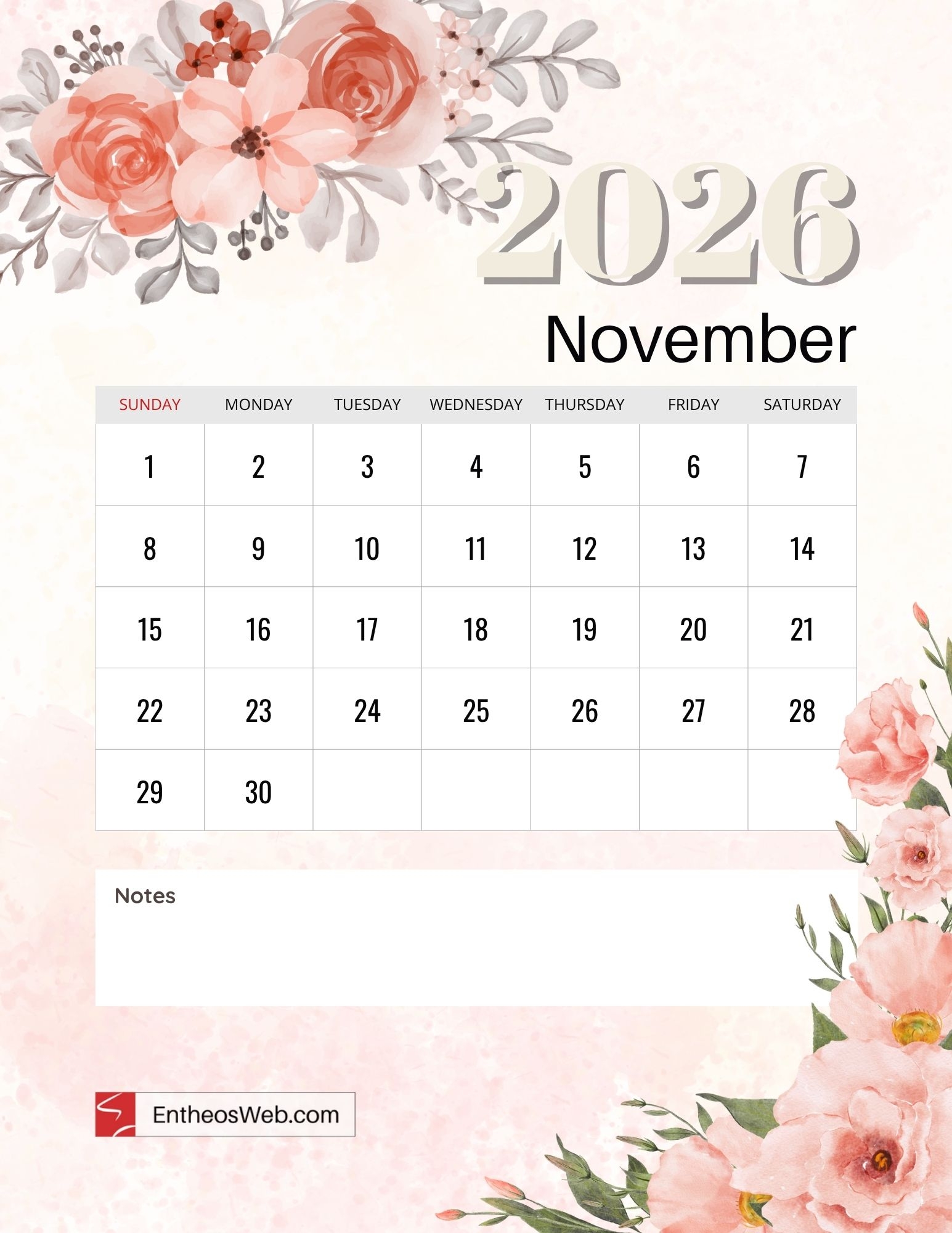 2026 Floral Month Calendar Printables EntheosWeb