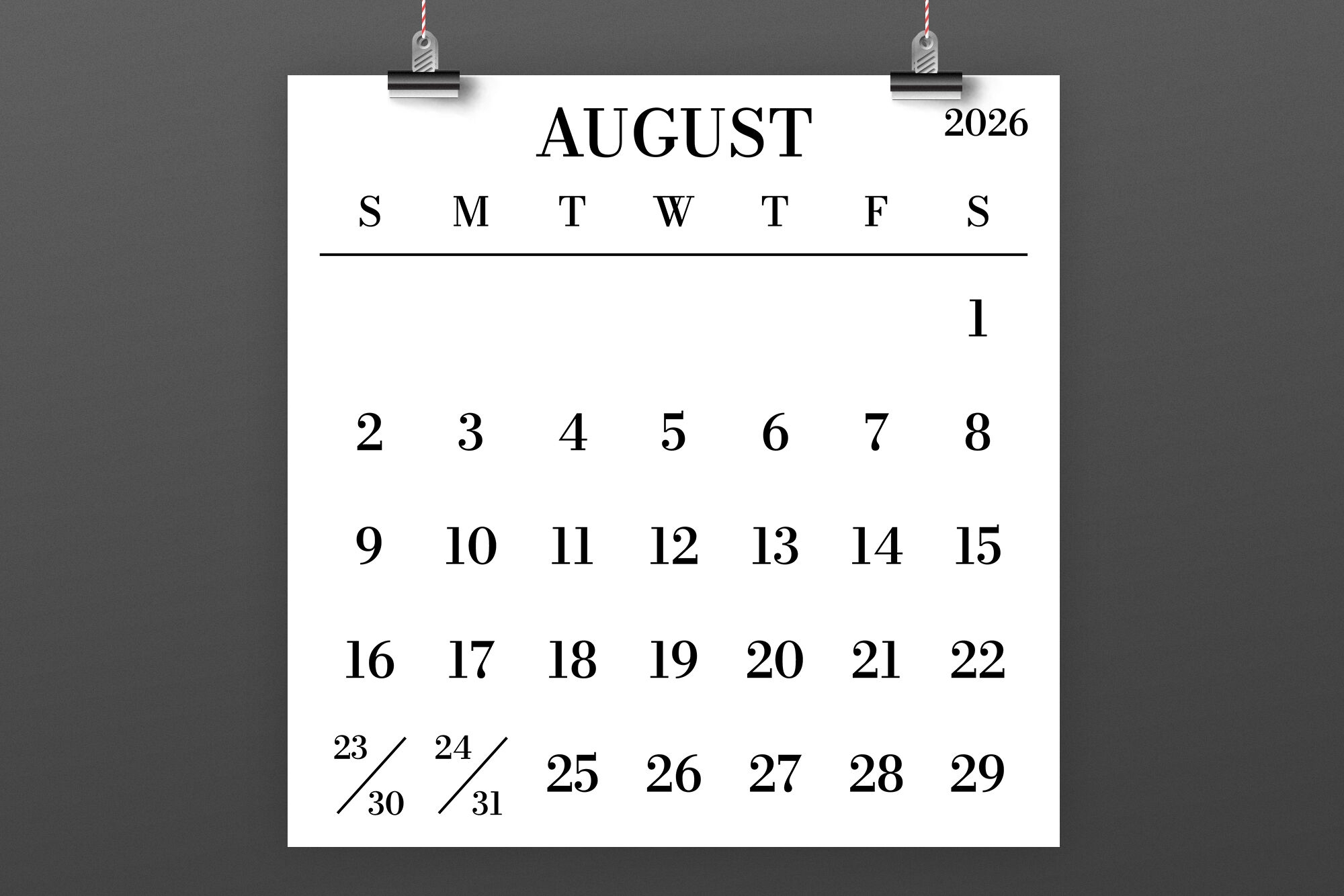 August 2026 Calendar Large Number