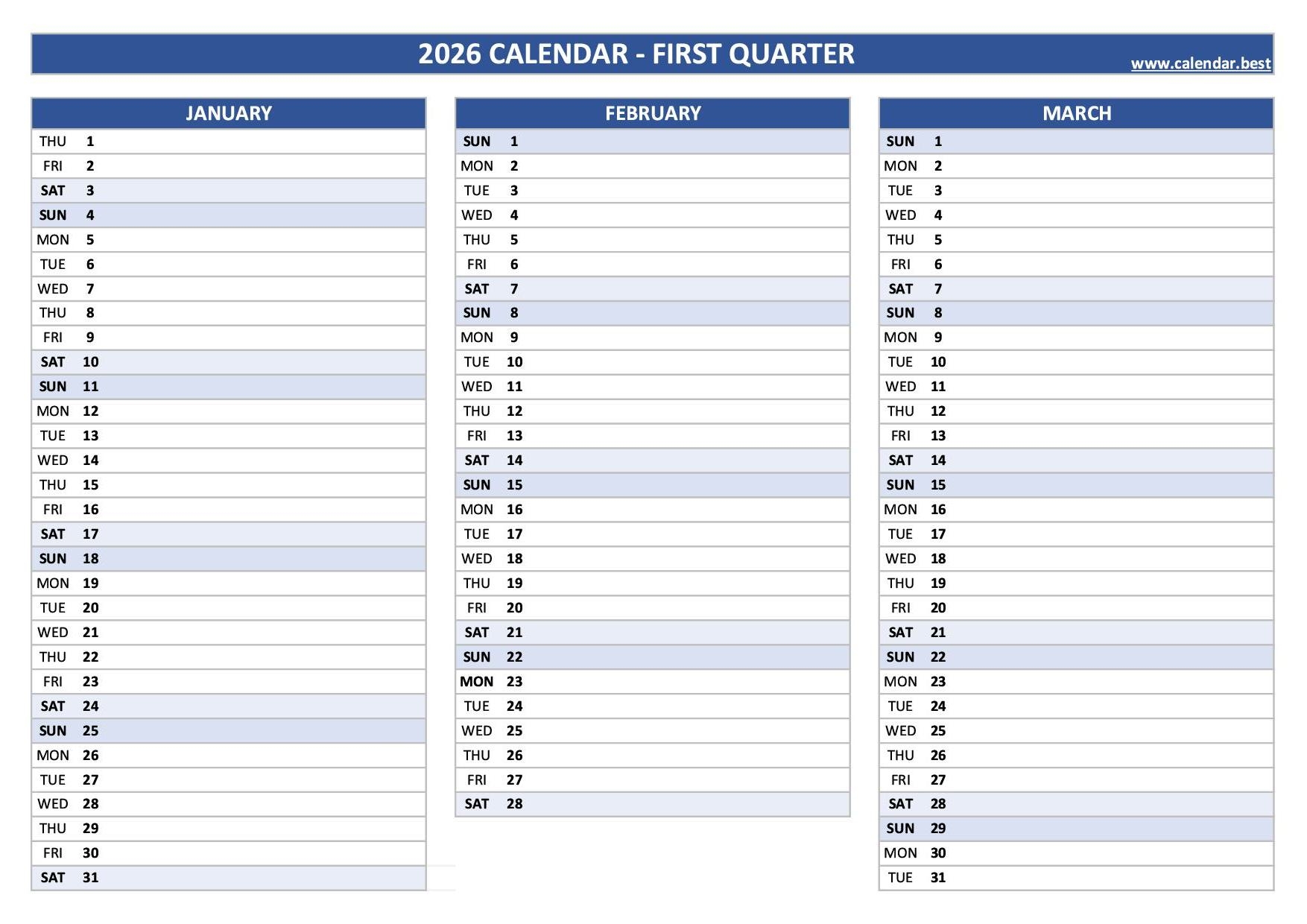 january to march 2026 calendar
