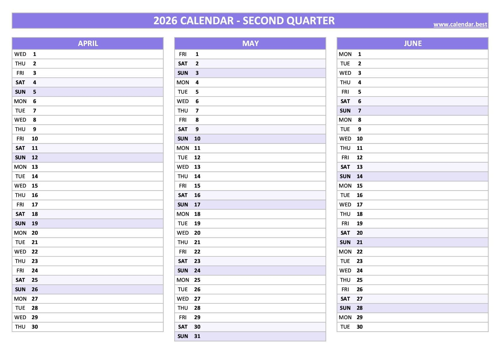 2026 Quarterly Calendar To Print