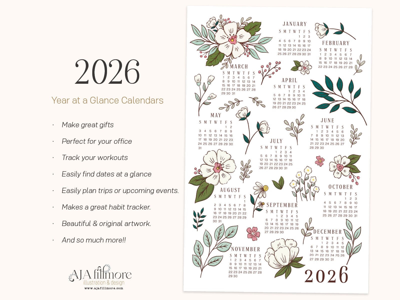2026 Year At A Glance Calendar 2026 Calendar Wall Calendar 2026 Wall Calendar Year At A Glance 2025 Calendar Habit Tracker Calendar Etsy
