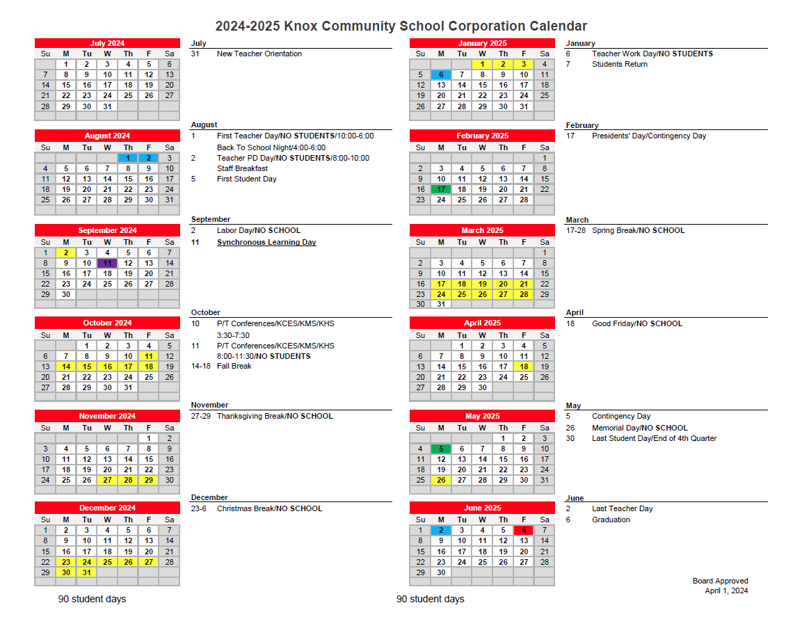 24 25 Approved School Calendar Knox Community School Corporation