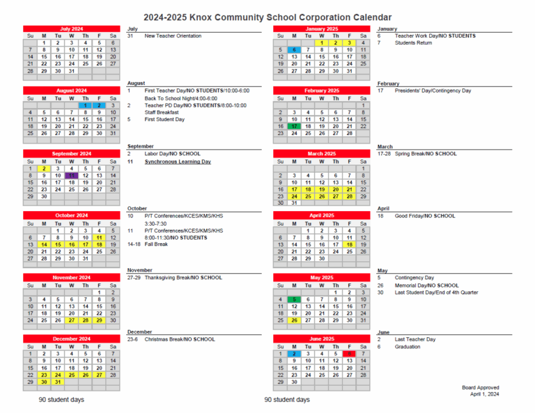 24 25 Approved School Calendar Knox Community School Corporation