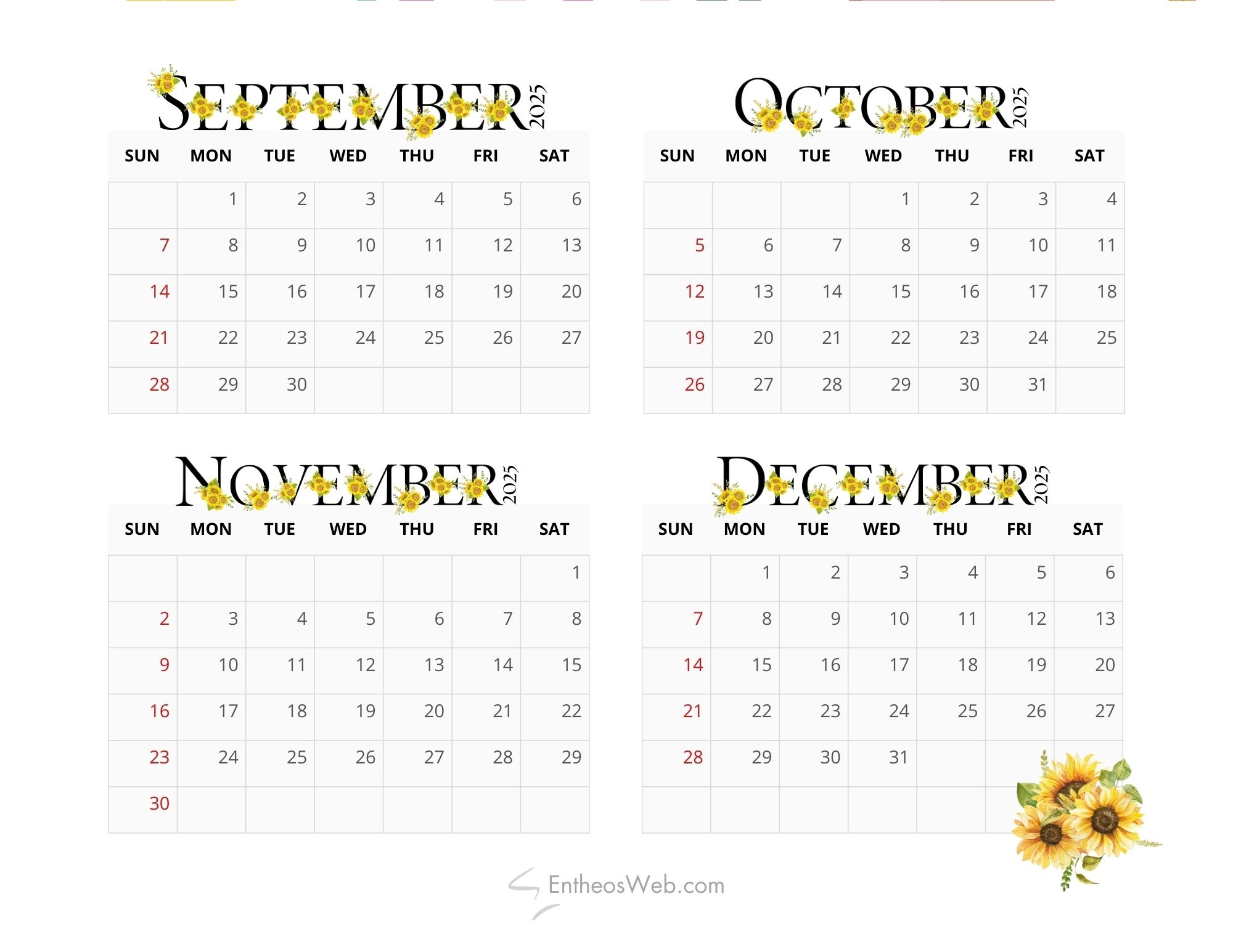 september to december 2025 calendar printable