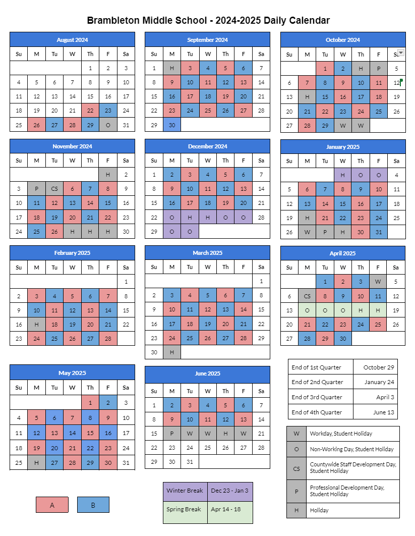 A B And Student Holiday Calendar 24 25 Brambleton Middle School