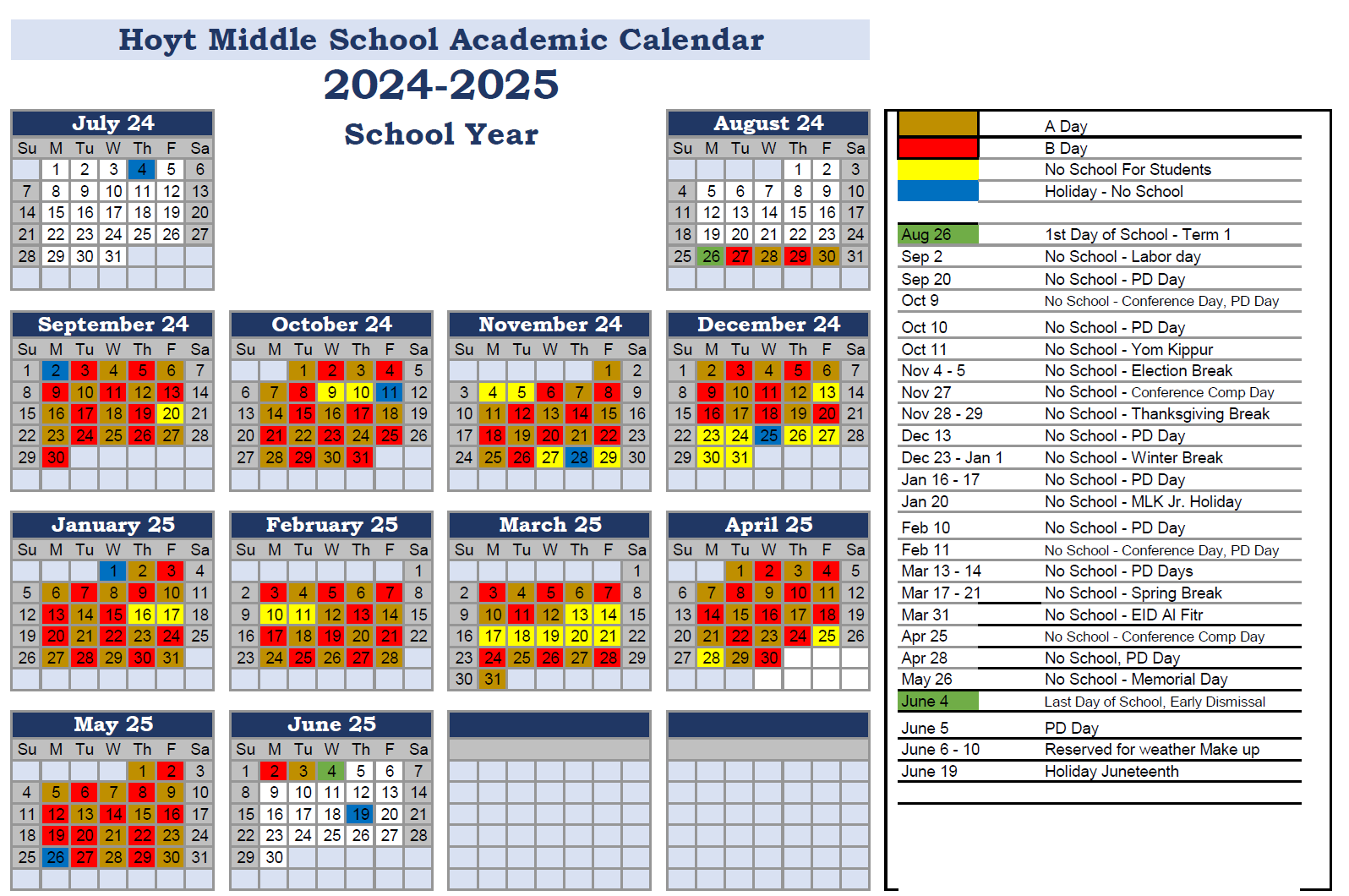 A B Calendar 2024 2025 Hoyt Middle School