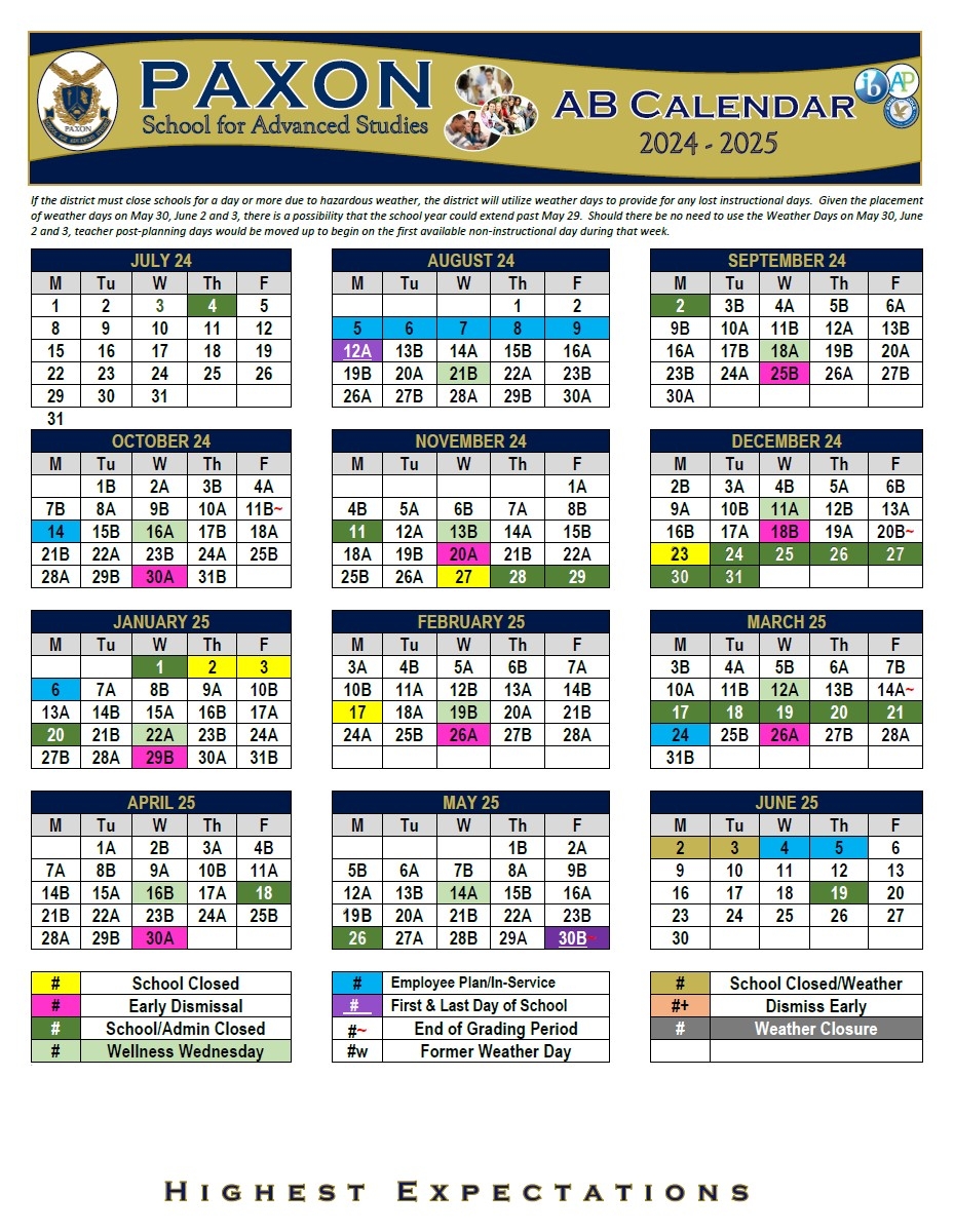 A B Calendar Paxon School For Advanced Studies