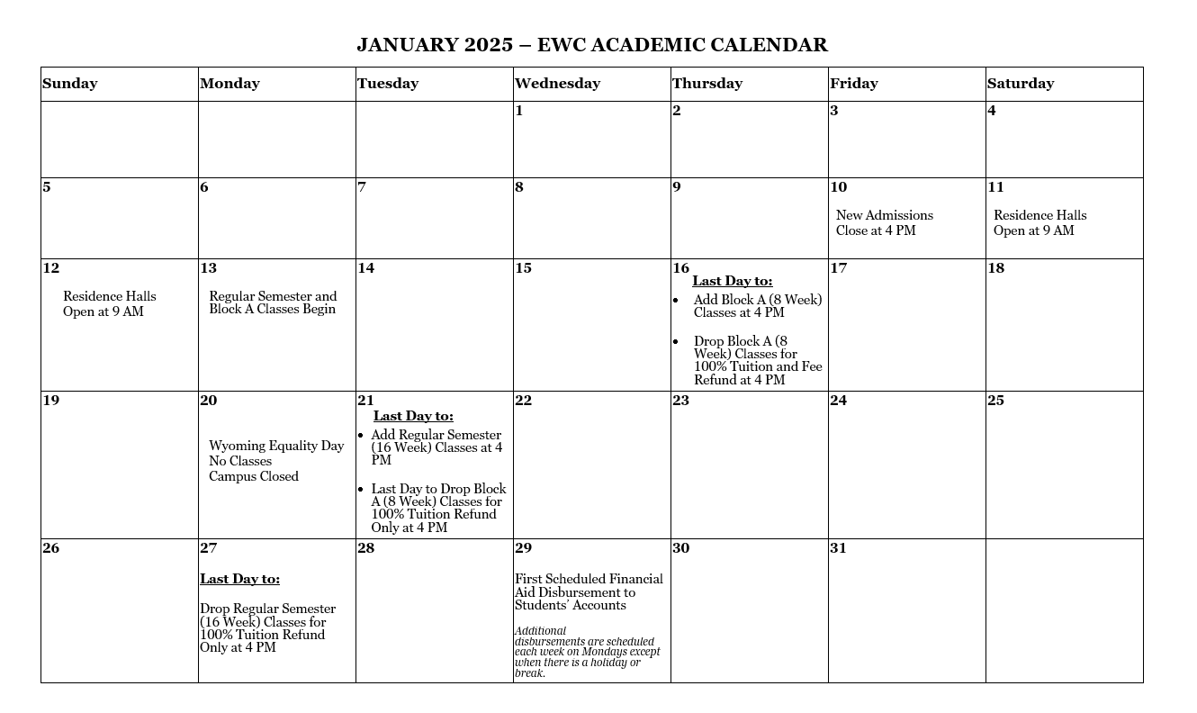Academic Calendar For Spring 2025 Eastern Wyoming College Eastern Wyoming College