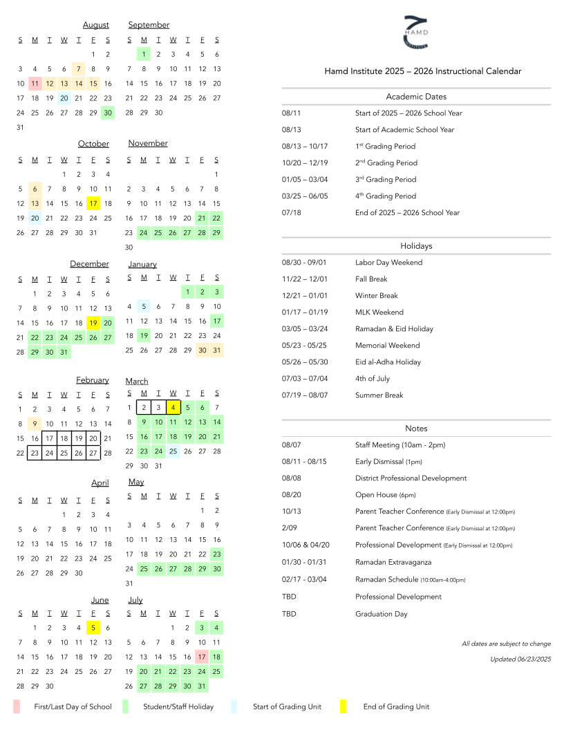 Academic Calendar Hamd Institute