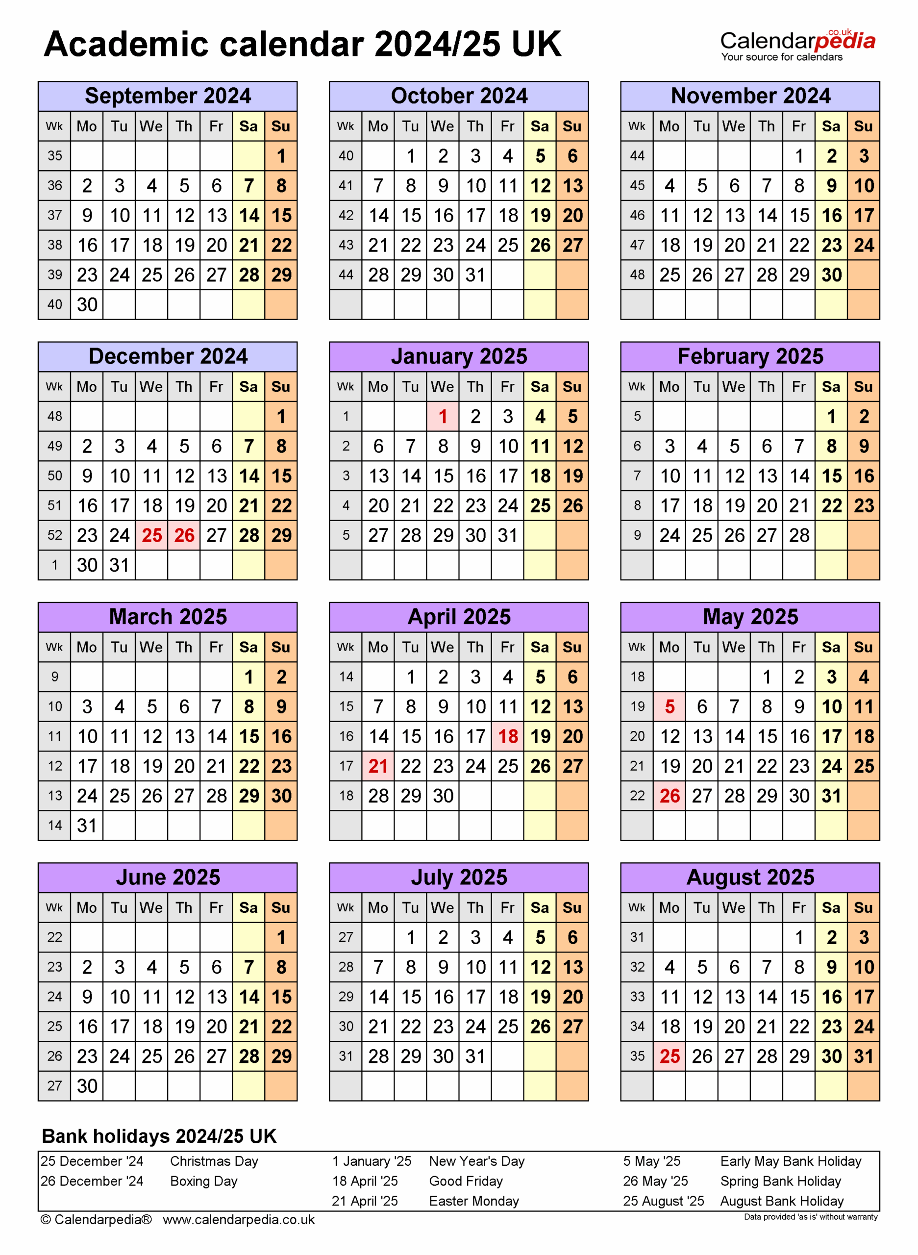 Academic Calendars 2024 25 UK Free Printable Excel Templates