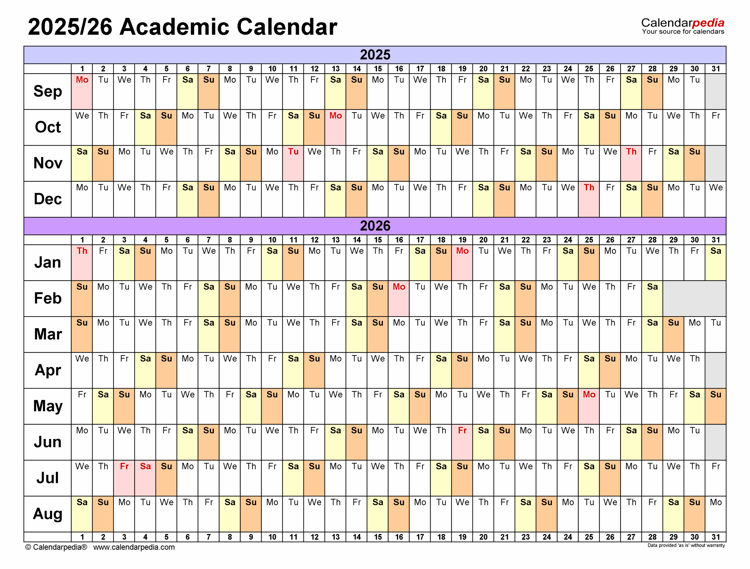 Academic Calendars 2025 2026 Free Printable PDF Templates