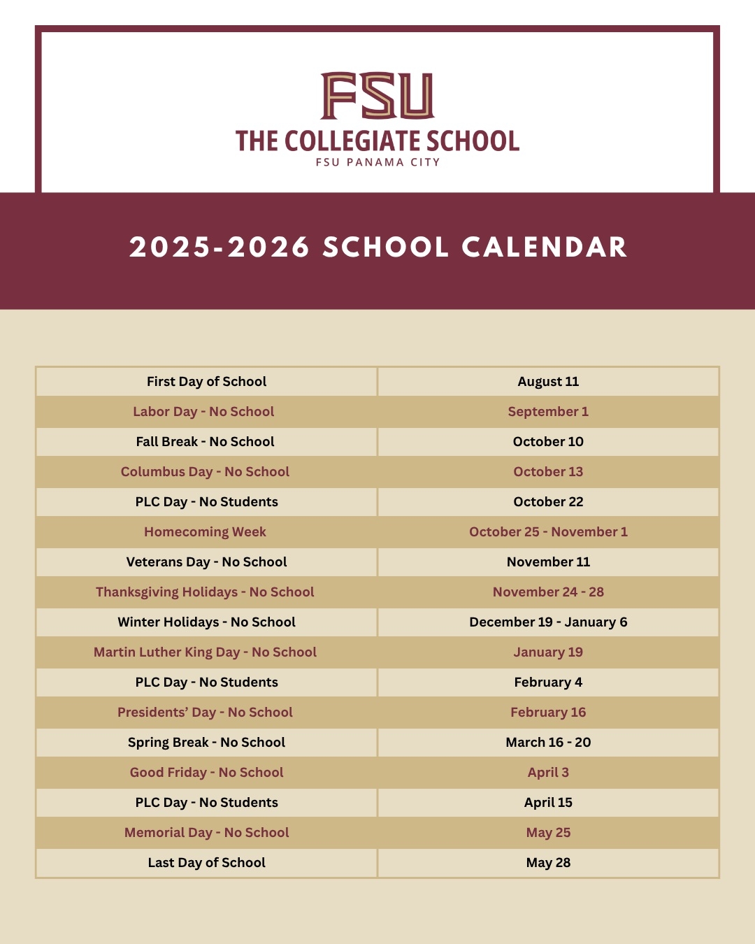 Academic School Calendar The Collegiate School