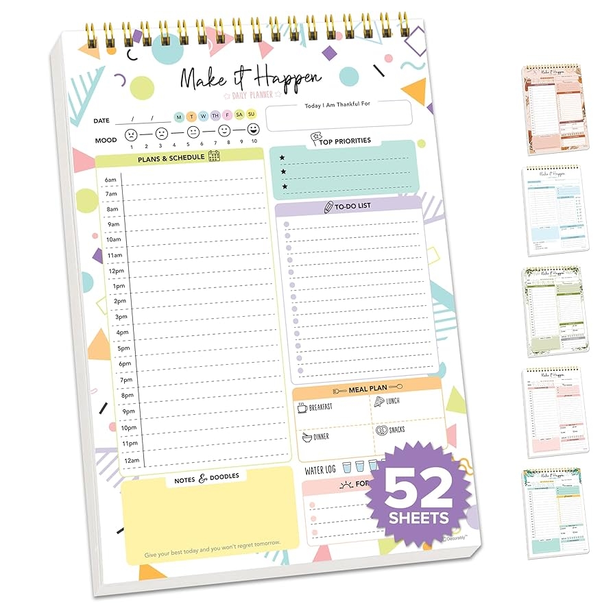 Amazon Decorably 52 Sheets Colorful Pastel Undated Daily Planner Pad 6 5x10in Spring Bound Daily Planning Pad For Schedule Priorities To Do List Agenda Water Intake Meals Notes And Doodles Office Products