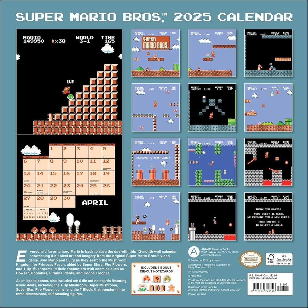 Amazon Super Mario Bros 8 Bit Retro 2025 Wall Calendar With Bonus Diecut Notecards 9781419774546 Nintendo Books