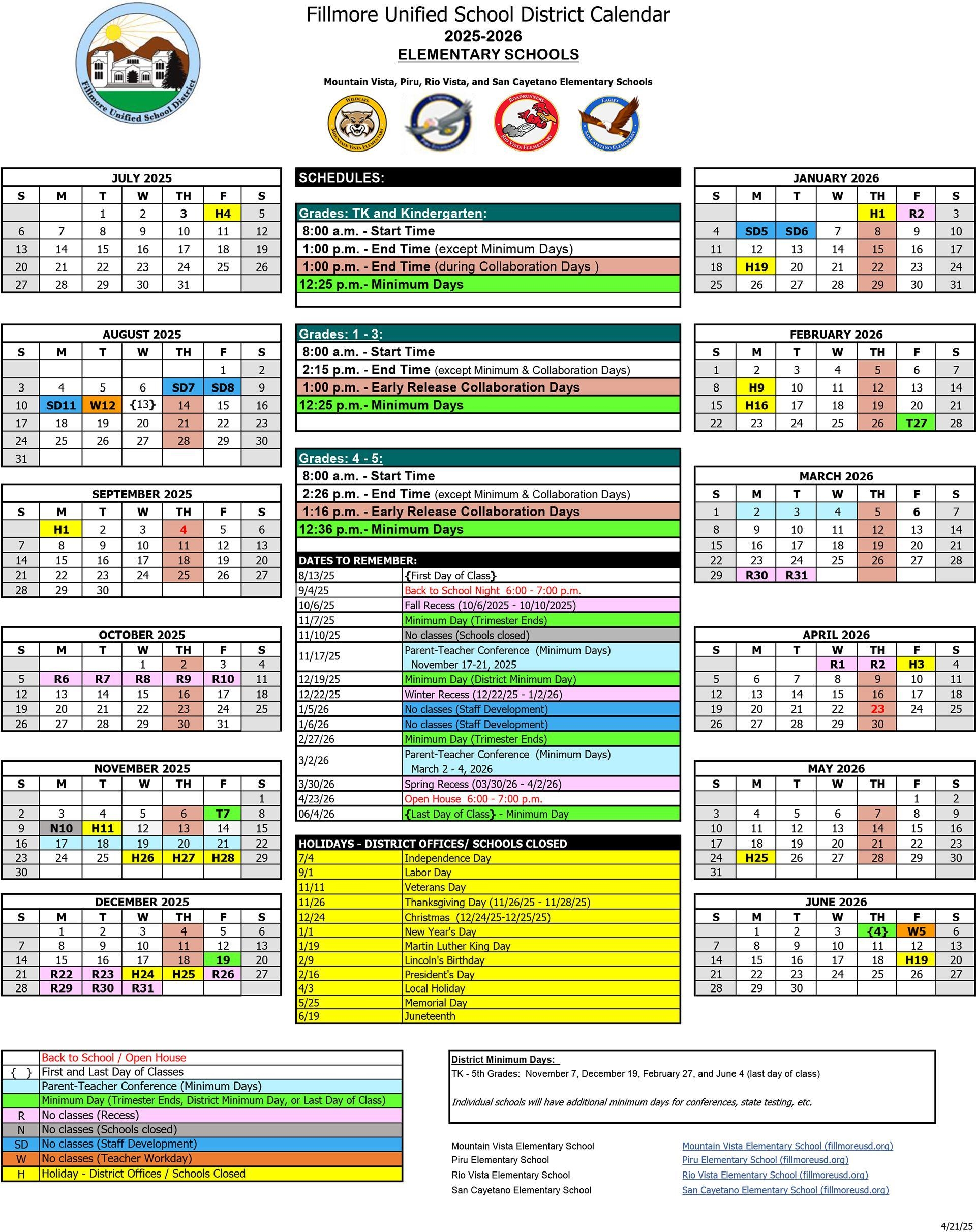 Annual Calendar 2025 26 School Year English Spanish About Us San Cayetano Elementary School