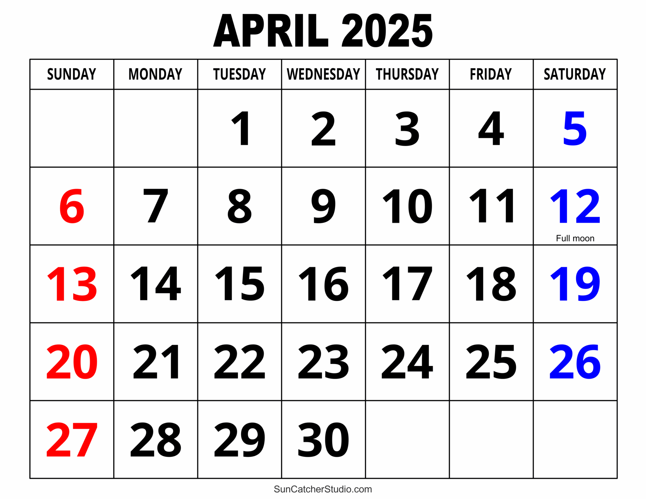April 2025 calendar free printable