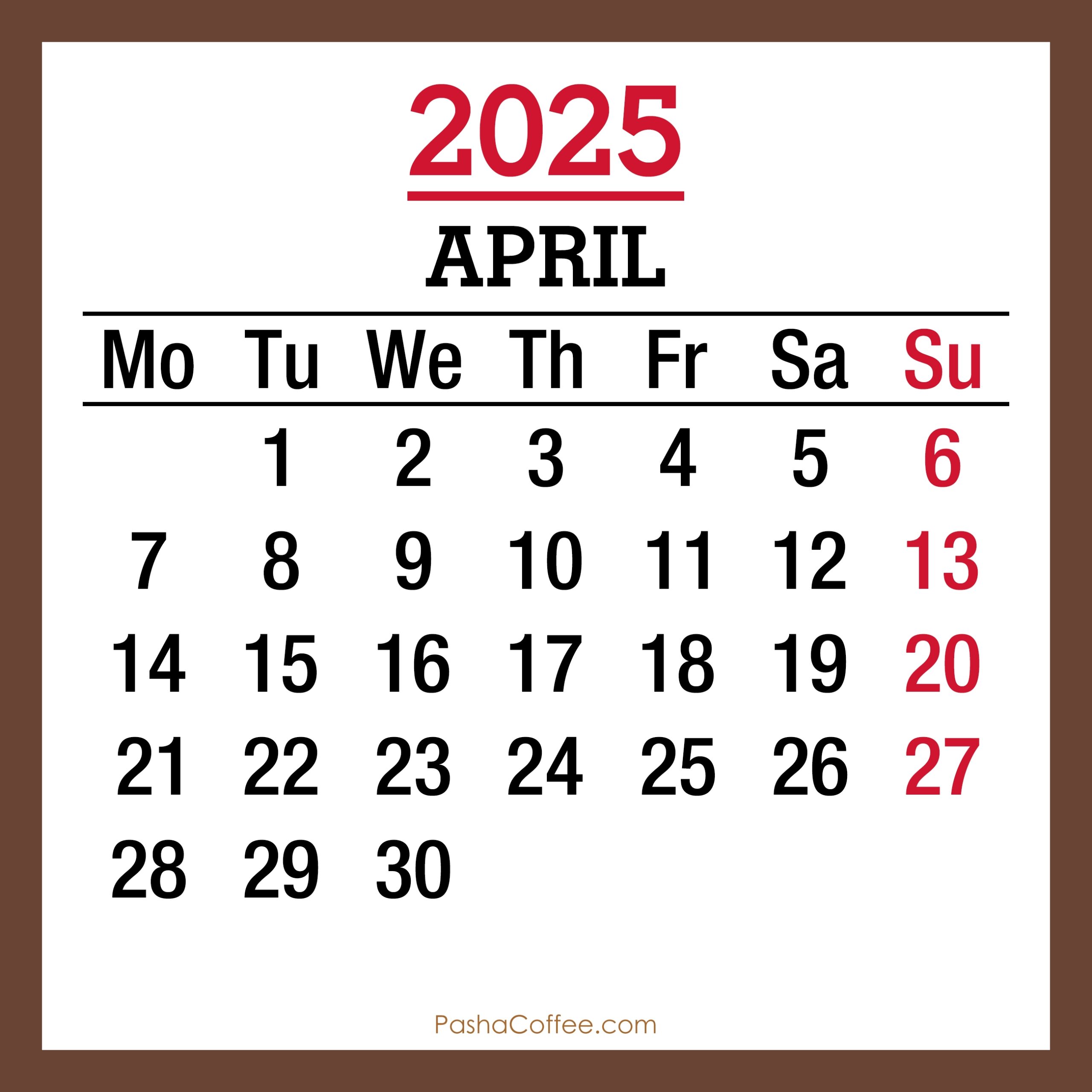 April 2025 Monday Start Calendar