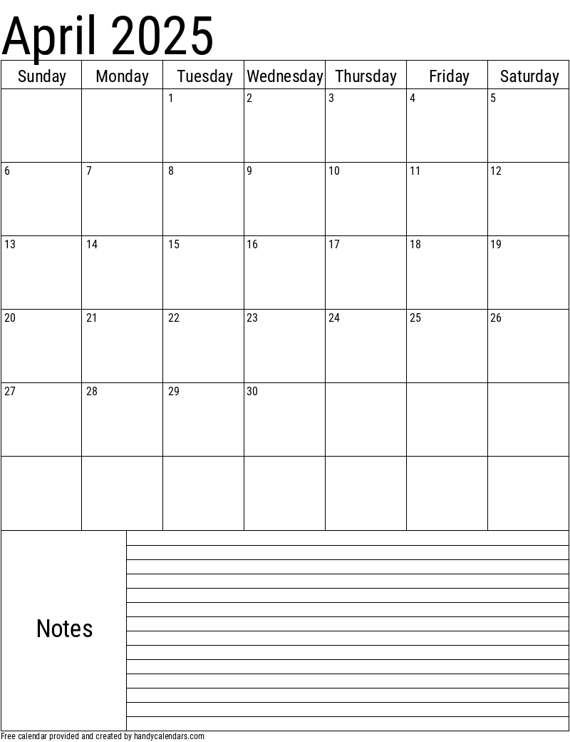 April 2025 Vertical Calendar With Notes Handy Calendars