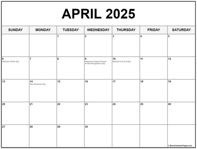 April 2025 With Holidays Calendar