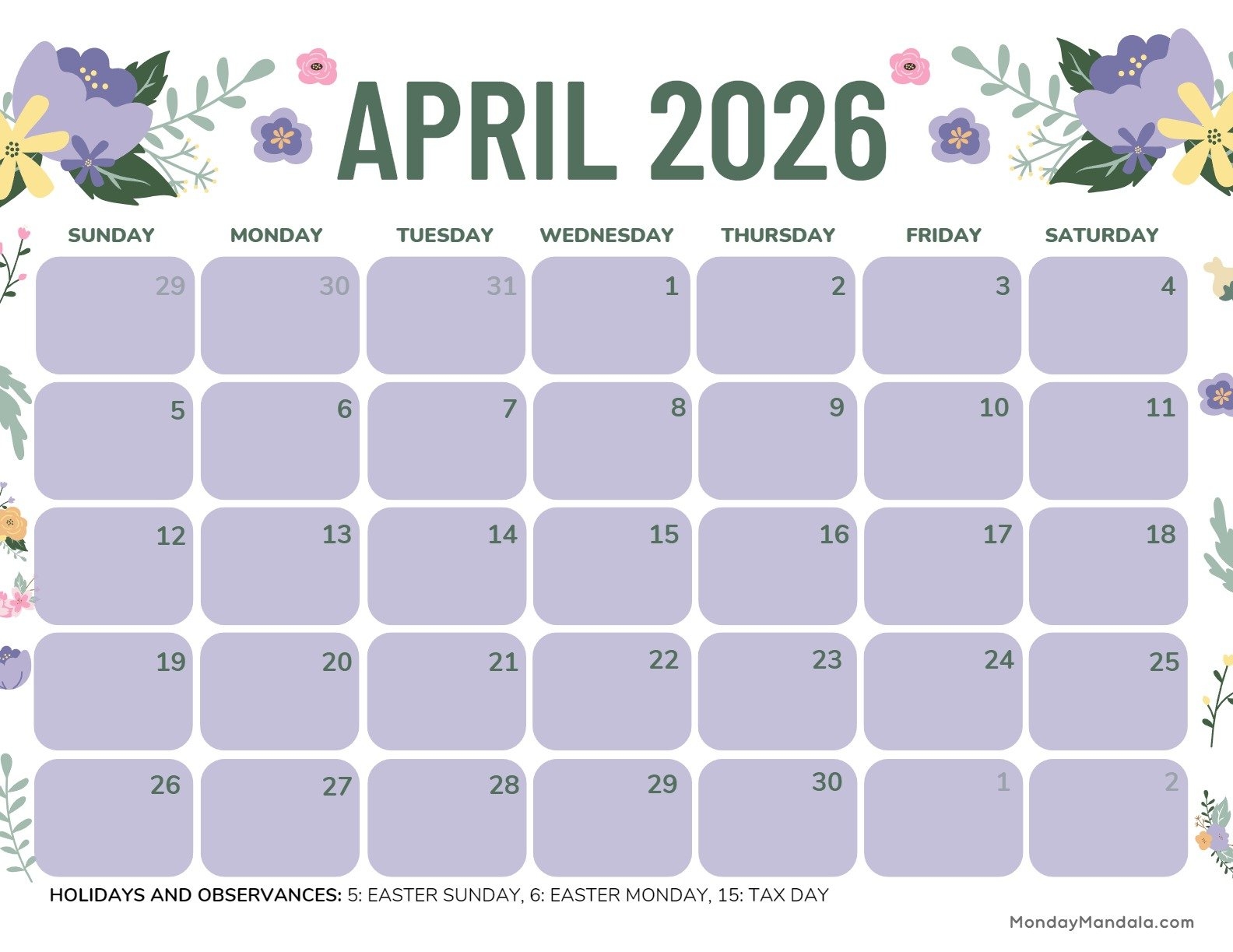 April 2026 Floral Calendar Printable