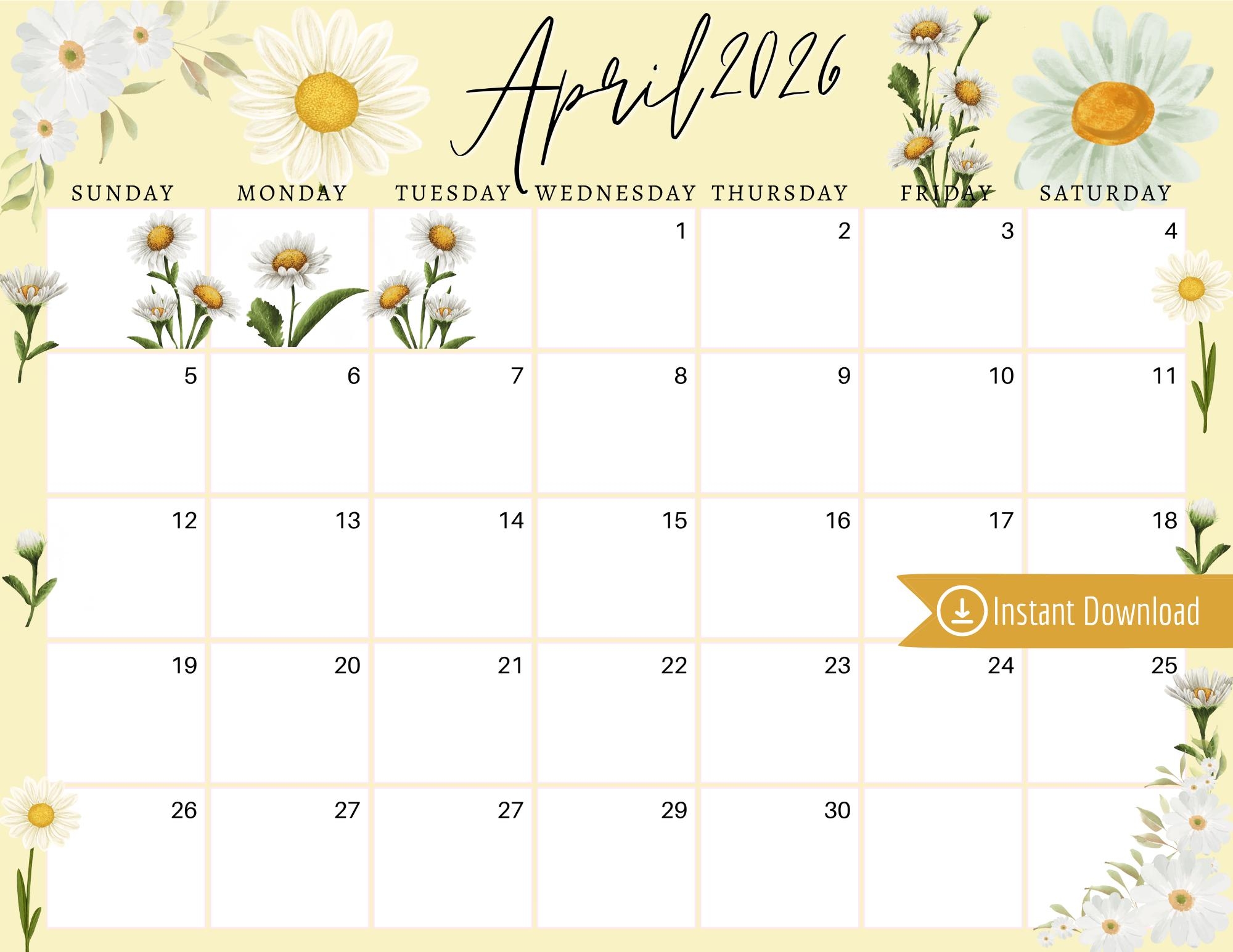 April 2026 Digital Calendar Yellow White Daisies Editable Fillable Printable Calendar For Planning PDF PNG And JPG Download Etsy