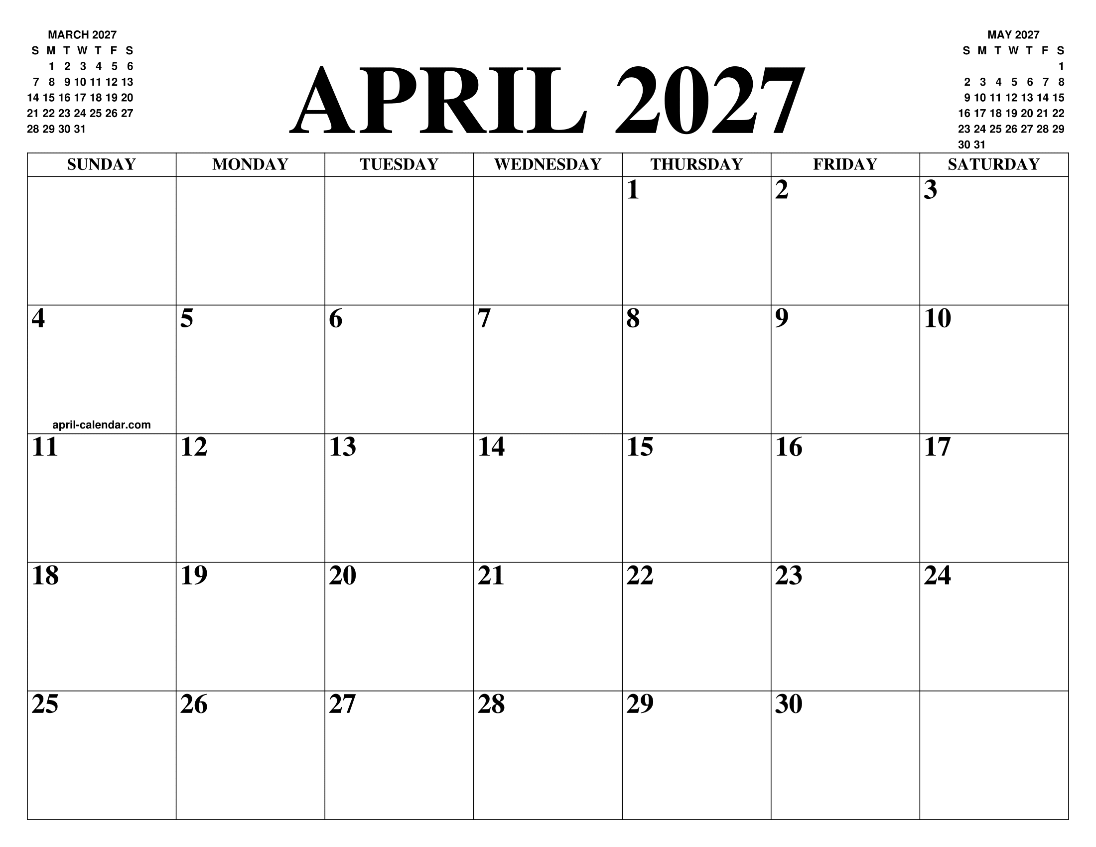 APRIL 2027 CALENDAR OF THE MONTH FREE PRINTABLE APRIL CALENDAR OF THE YEAR AGENDA