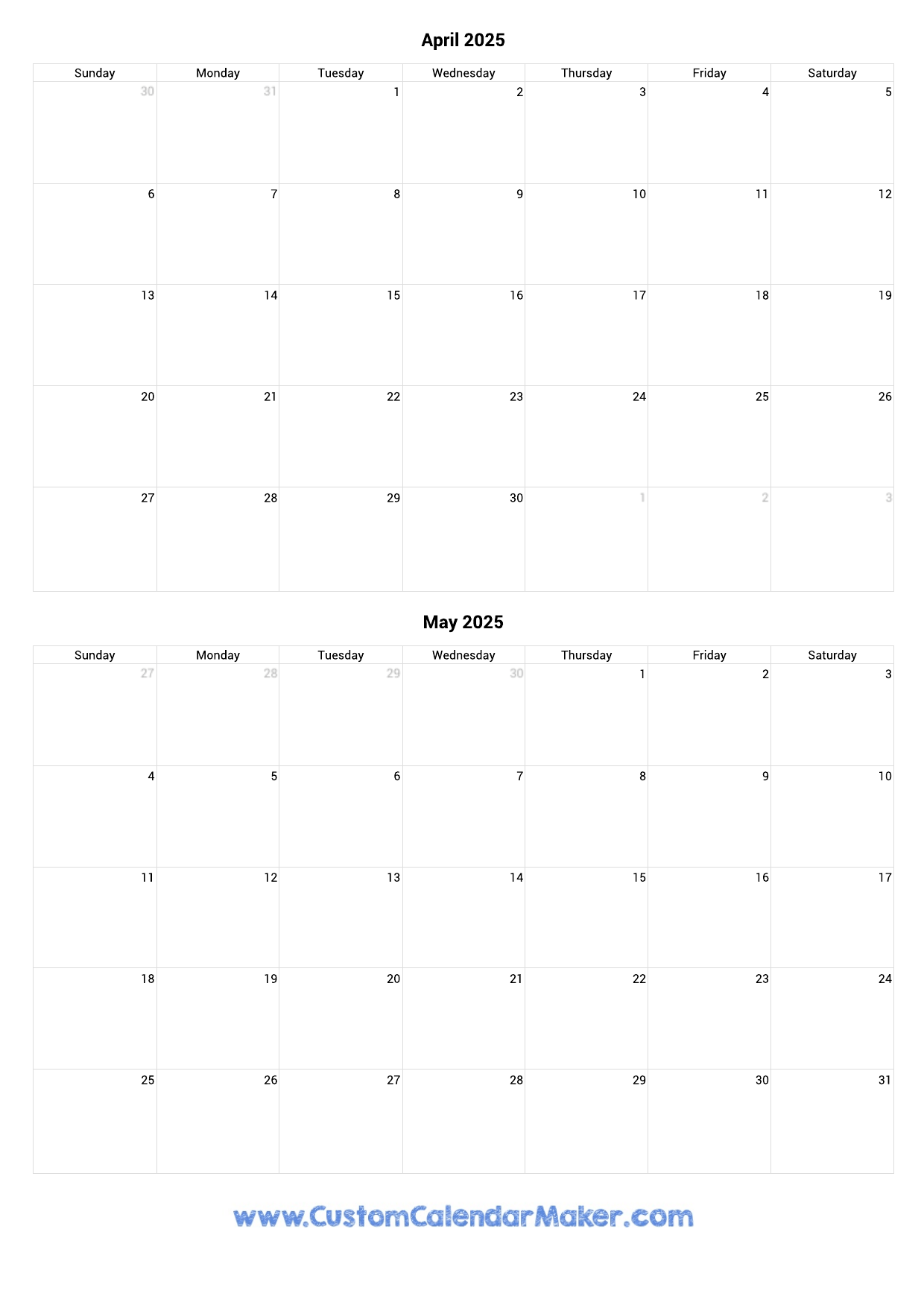 april and may 2025 calendar printable