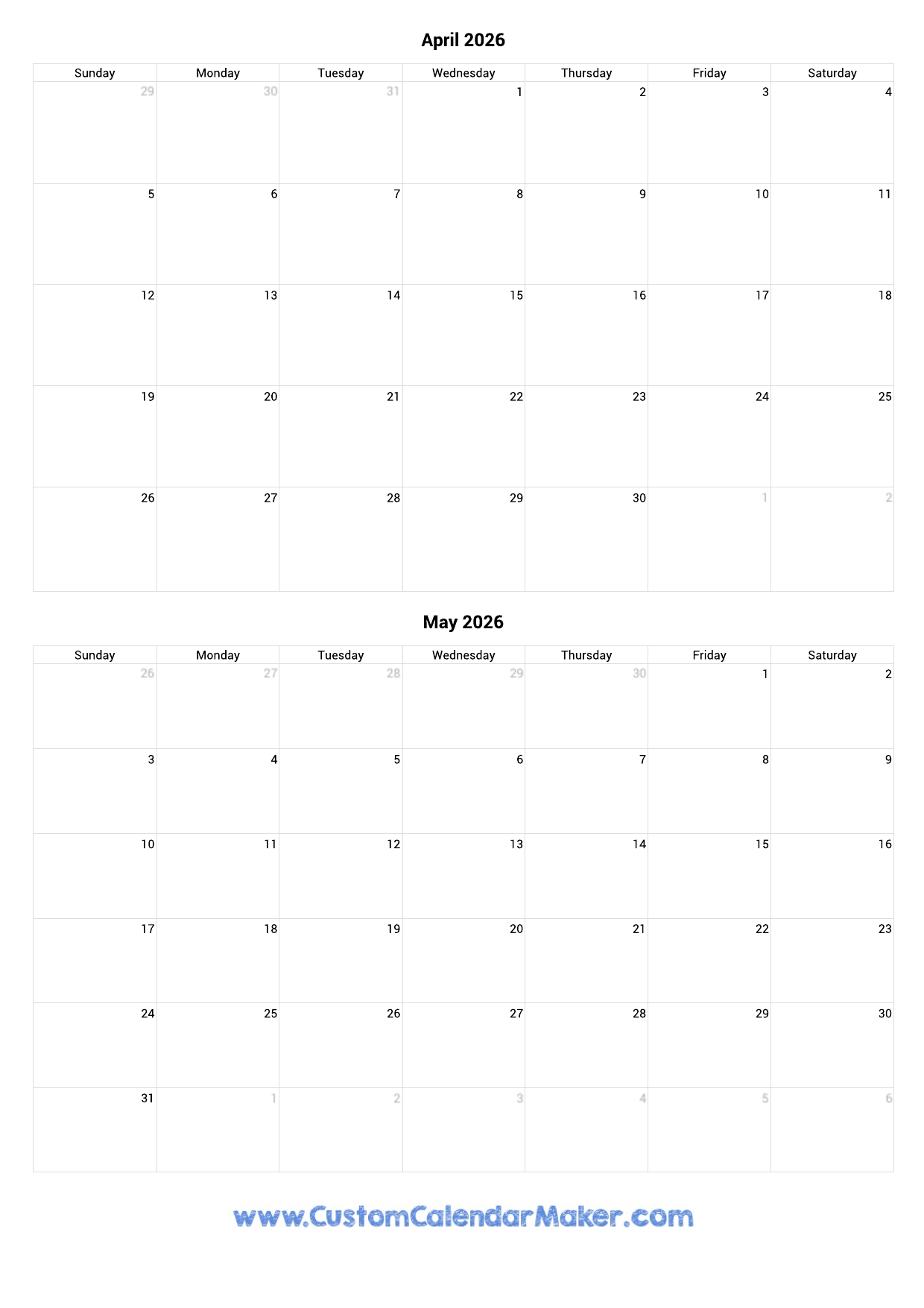 april and may 2026 calendar printable