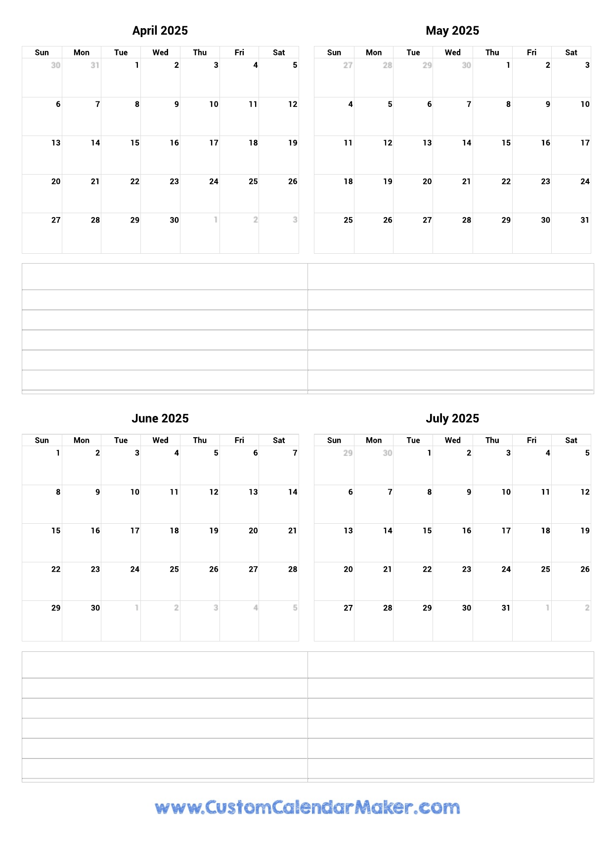 April To July 2025 Printable Calendar Custom Calendar Maker