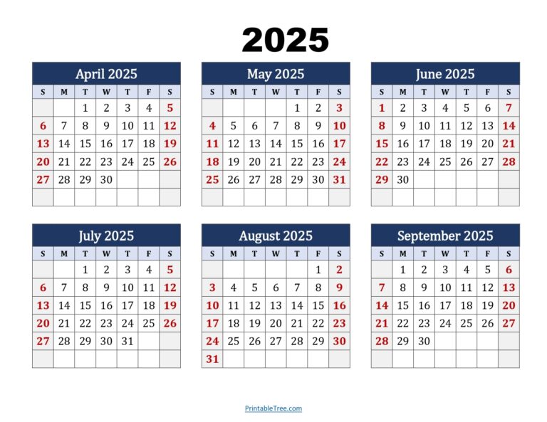 April To September 2025 Calendar Printable PDF Six Months Calendar