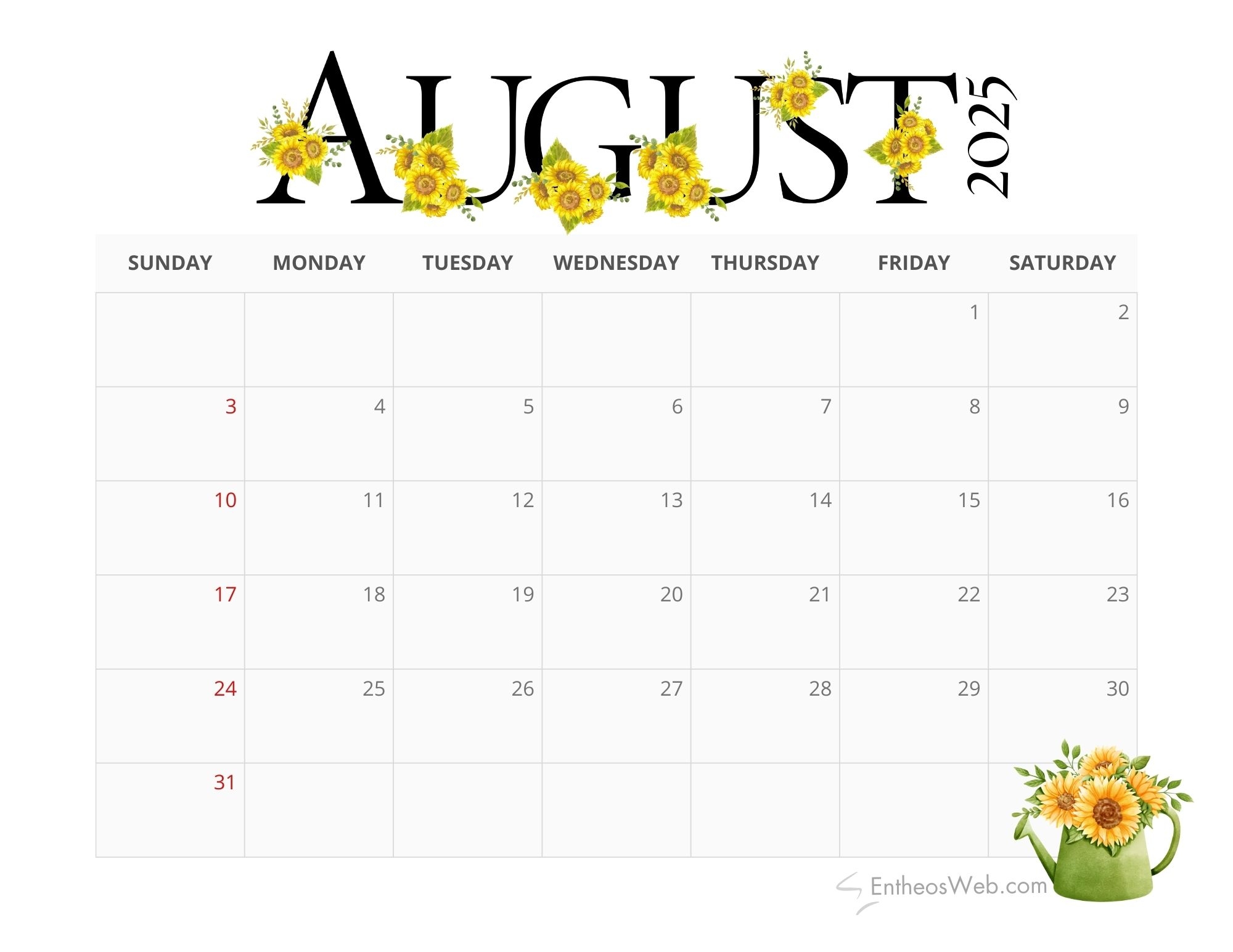 August 2025 Floral Calendar Printable